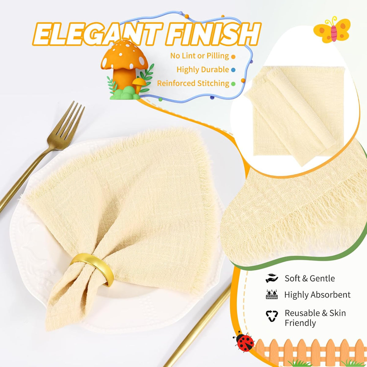 Showgeous 60 Pack Beige Cloth Napkins with Fringe, 16x16 inch 100% Cotton | Beige Napkins Handmade Dinner Napkins Bulk