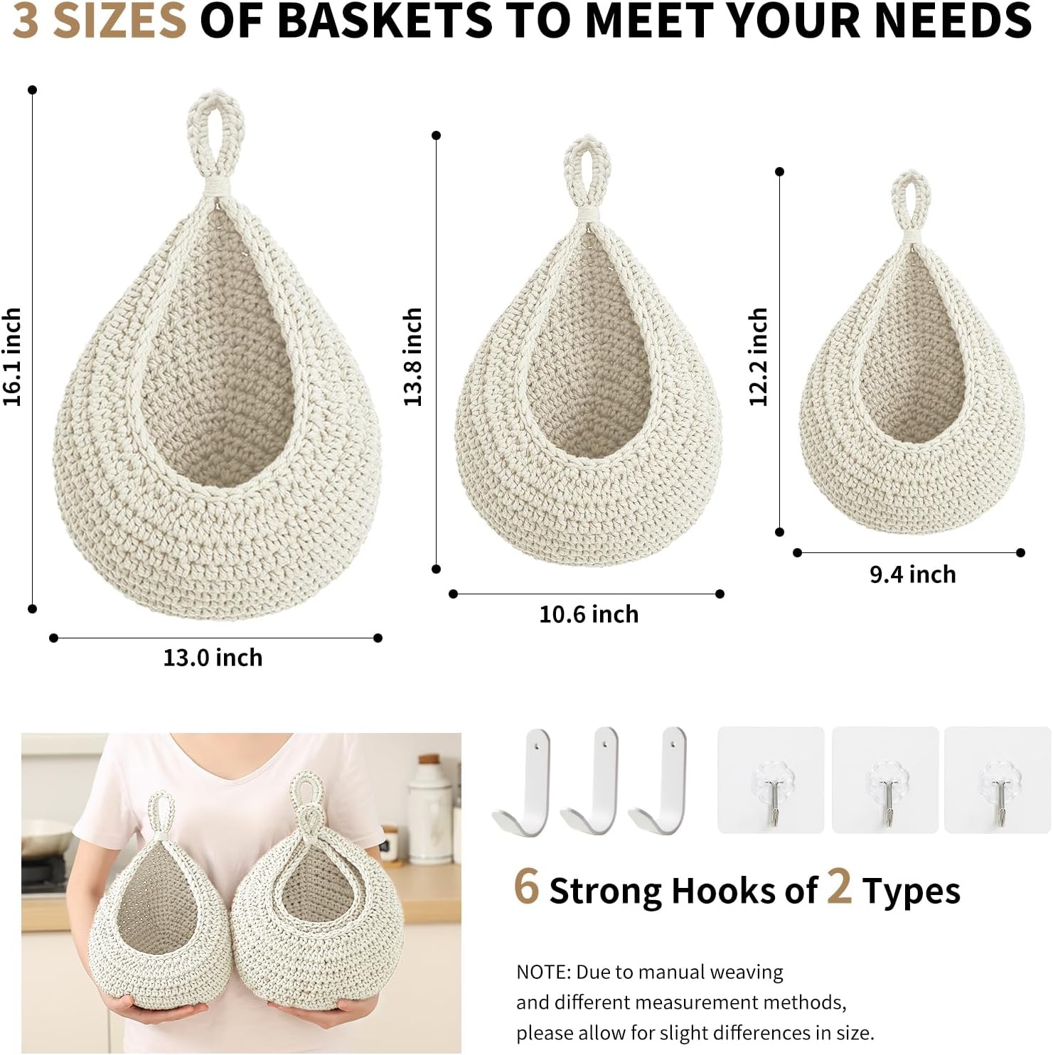 Boho Wall Hanging Fruit Baskets / White / Set of 6