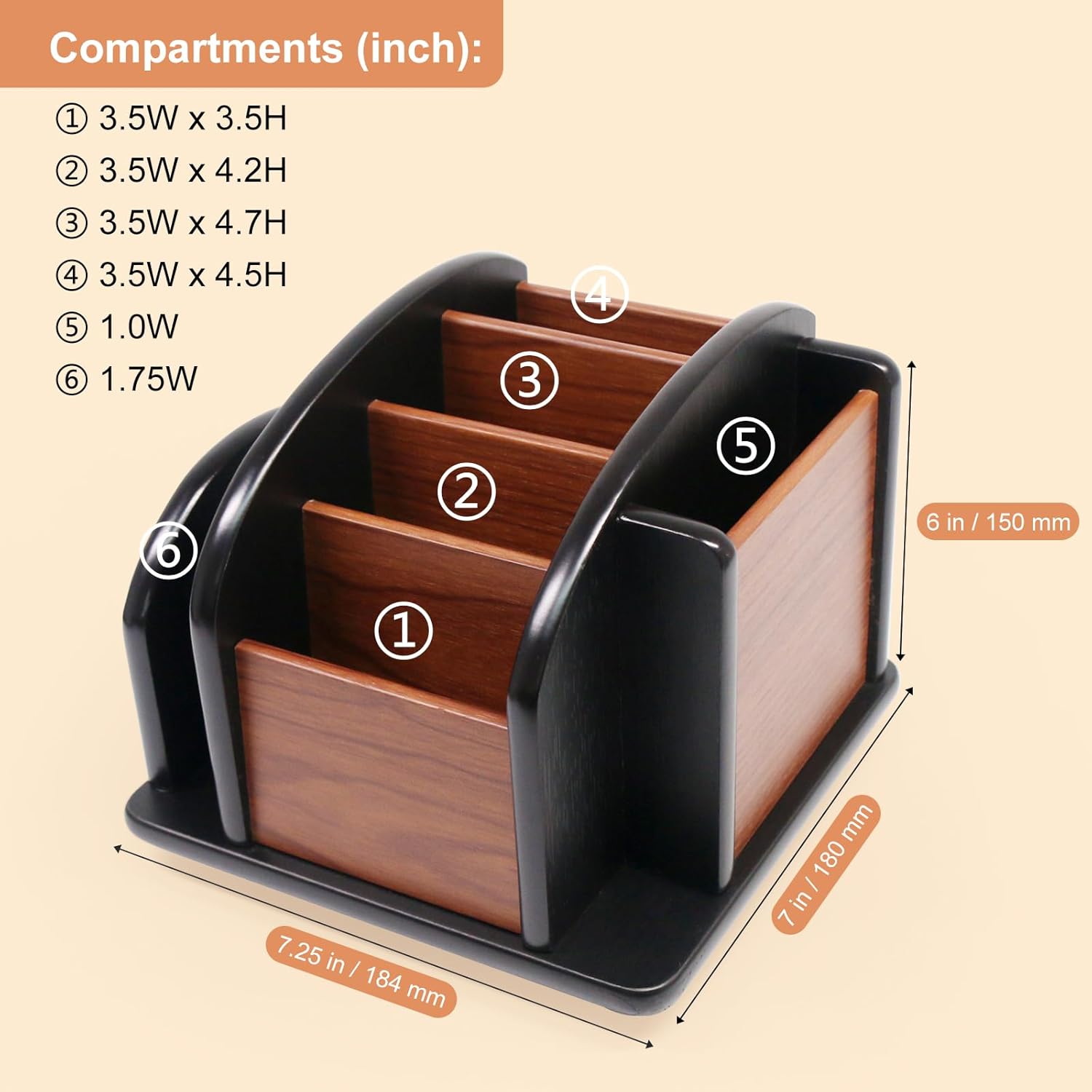 Coideal Remote Control Holder Caddy, 360° Rotating Coffee Table Organizer with 6 Compartments, Wood Remote Control