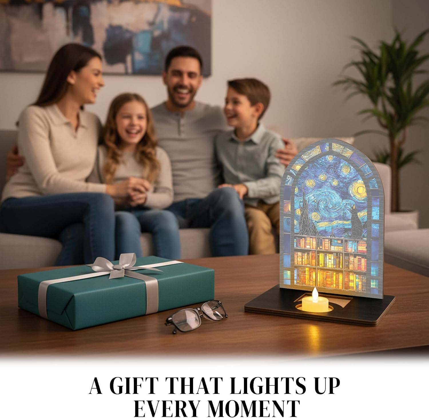Starry Night Stained Glass Book Nook Candle Holder / Starry Night Cat Suncatcher Candle Holder