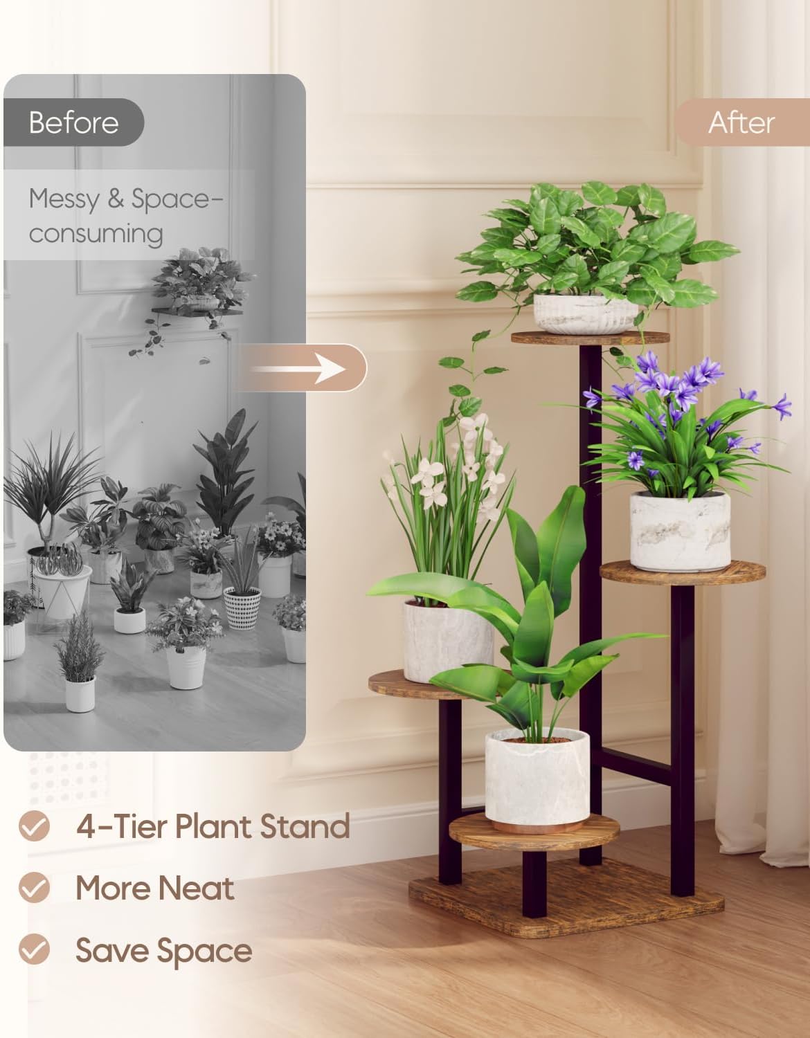 Plant Stand Indoor - 4 Tiered Indoor Plant Stand, Metal Plant Shelf Plant Holder, Ideal for Living Room, Garden, Patio