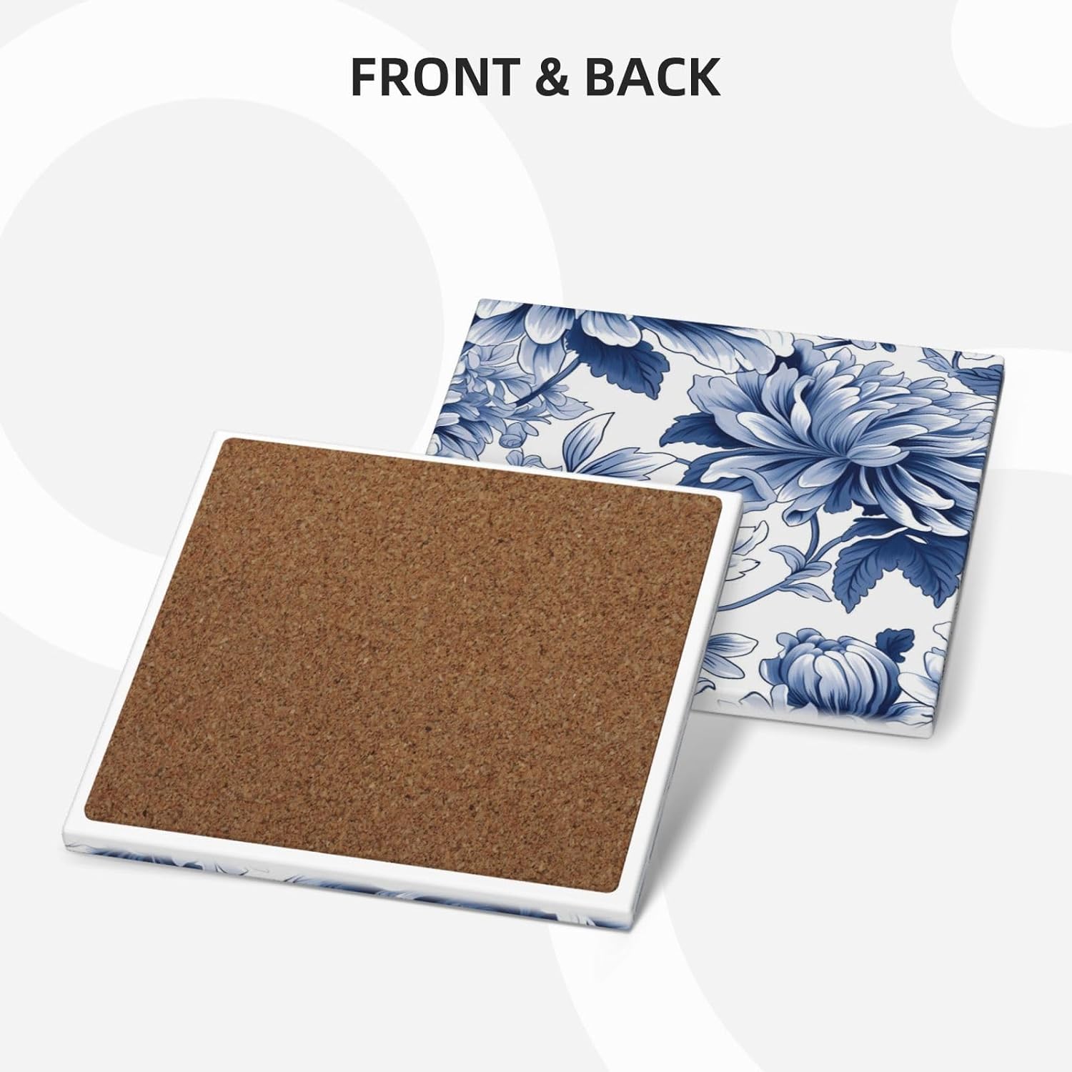 Golden Holder Cork Base / Blue Floral Square - 1 / Set of 6