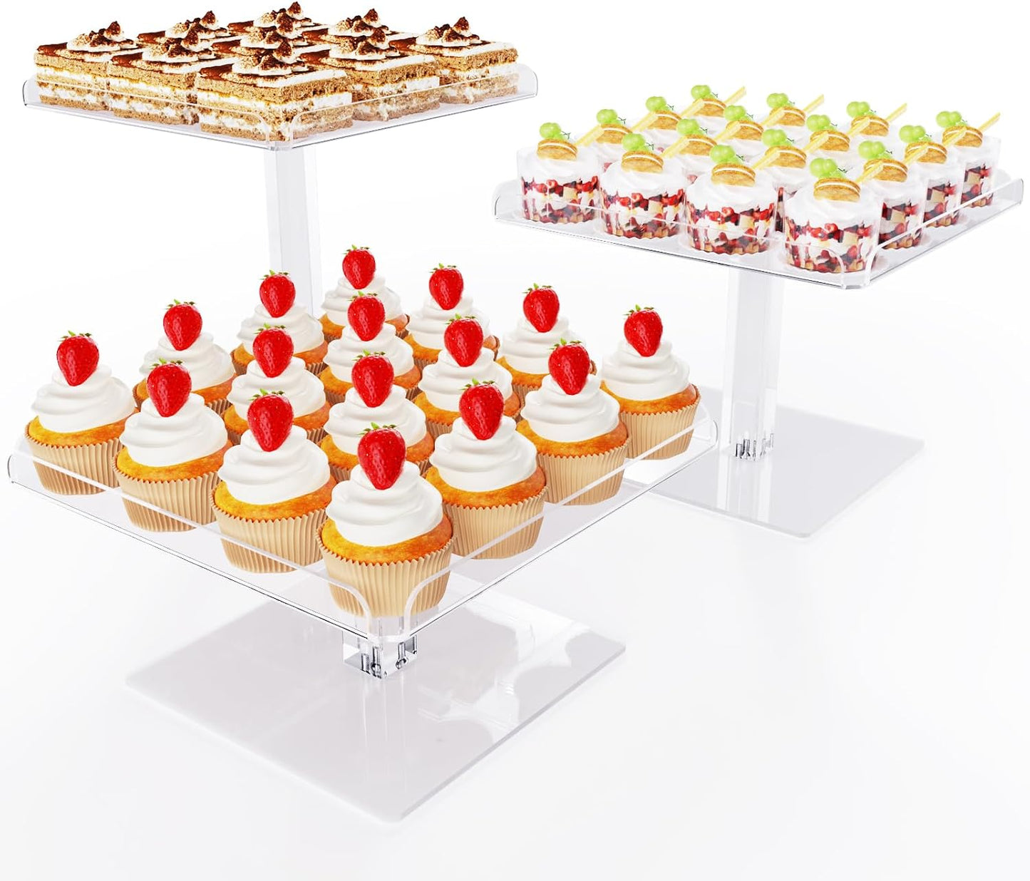 Bakzon 3 Piece Cupcake Stand, Acrylic Dessert Table Display Set, Clear Square Serving Trays for Birthday, Wedding, Baby