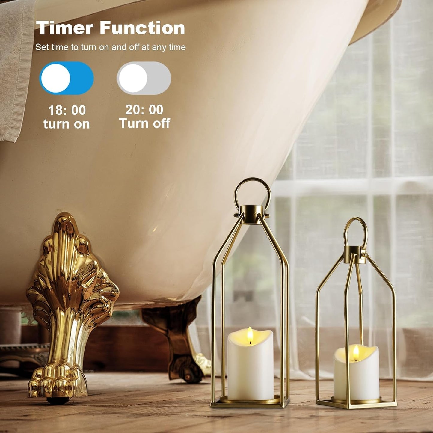 Homemory Modern Farmhouse Gold Metal Lanterns 2PCS with Flameless Candle | Waterproof Lantern Design Outdoor Indoor