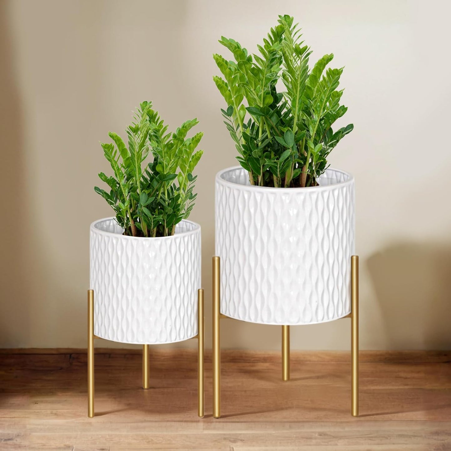 ARNIS Plants Pots with Stand, Set of 2 P lanters, Unique Mid Century Decorative Metal Flower Pots with Drainage, 8.25 &