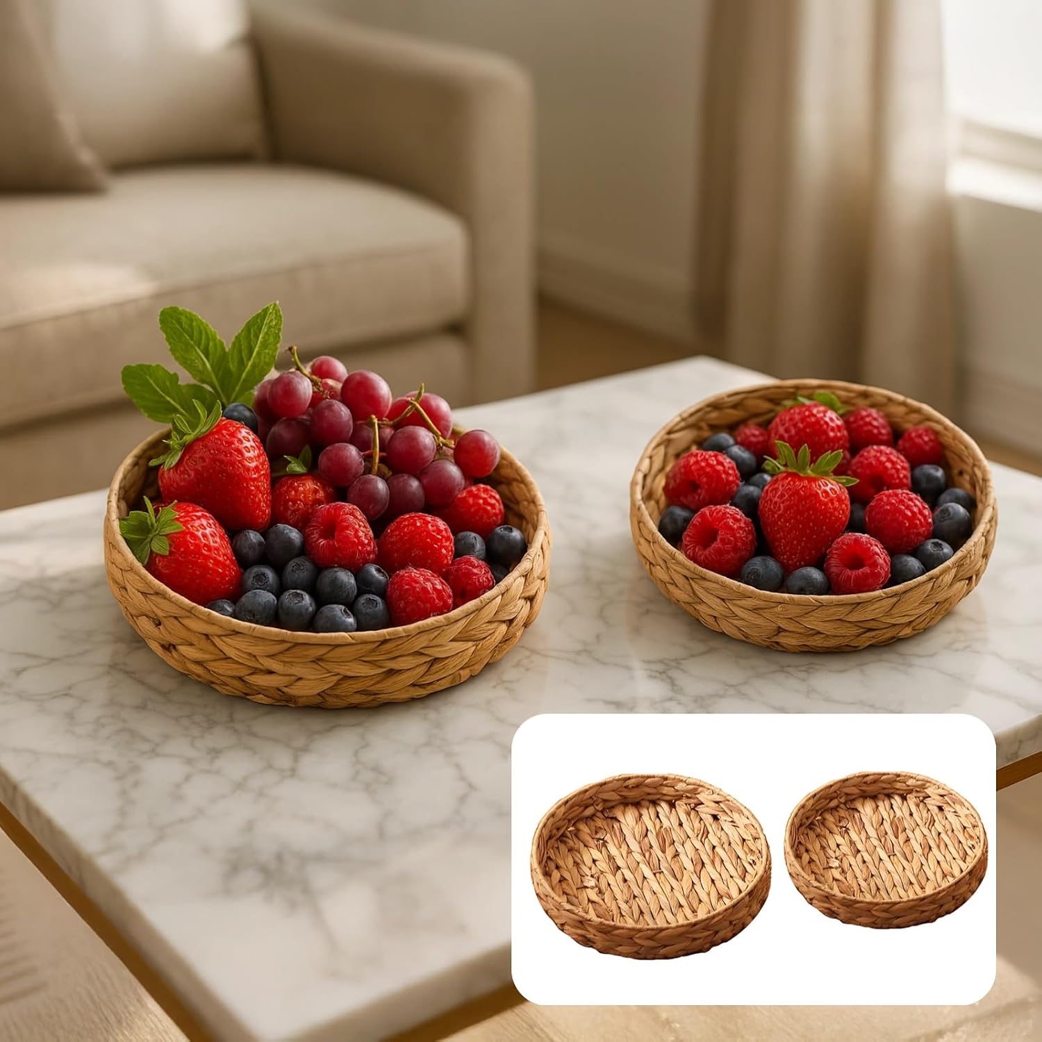 Round Wicker Rattan Tray / Natural / Set of 2