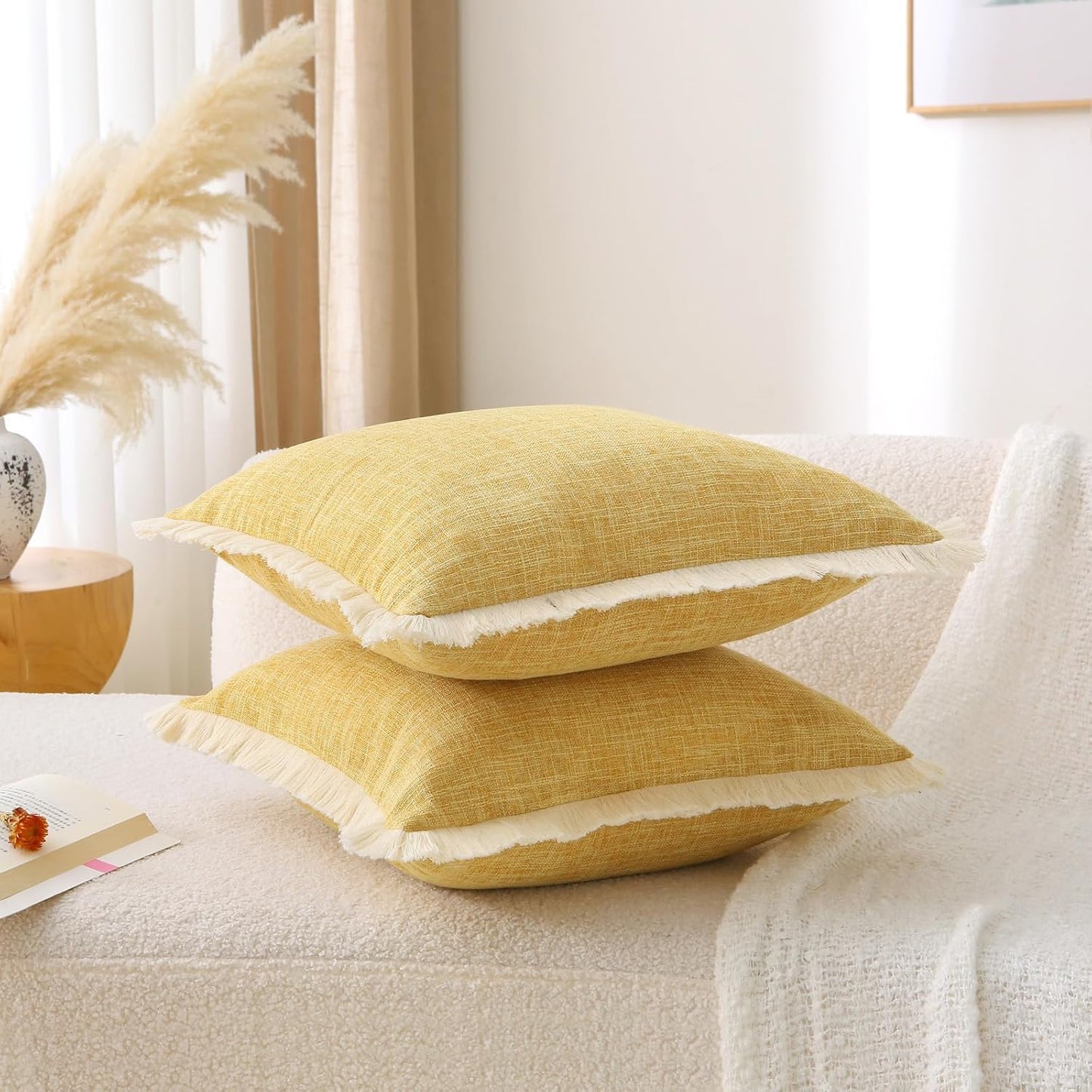 Boho Burlap Decorative Throw Pillow Covers Tassels Rectangle / Mustard Yellow / 20 x 12 / Set of 2