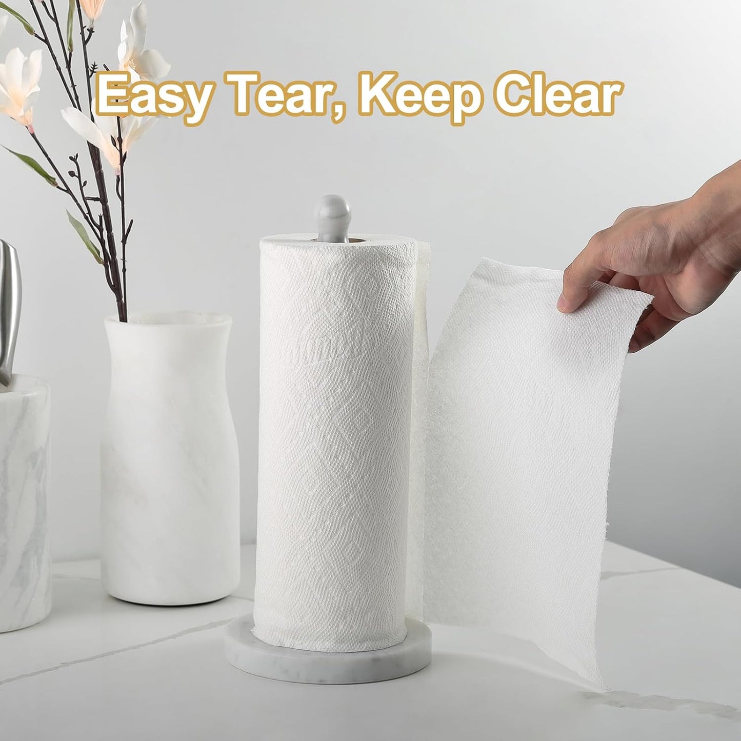 Carrara Marble Paper Towel Holder Countertop, 6" Genuine Stone Paper Towel Holder Stand for Kitchen Storage, for