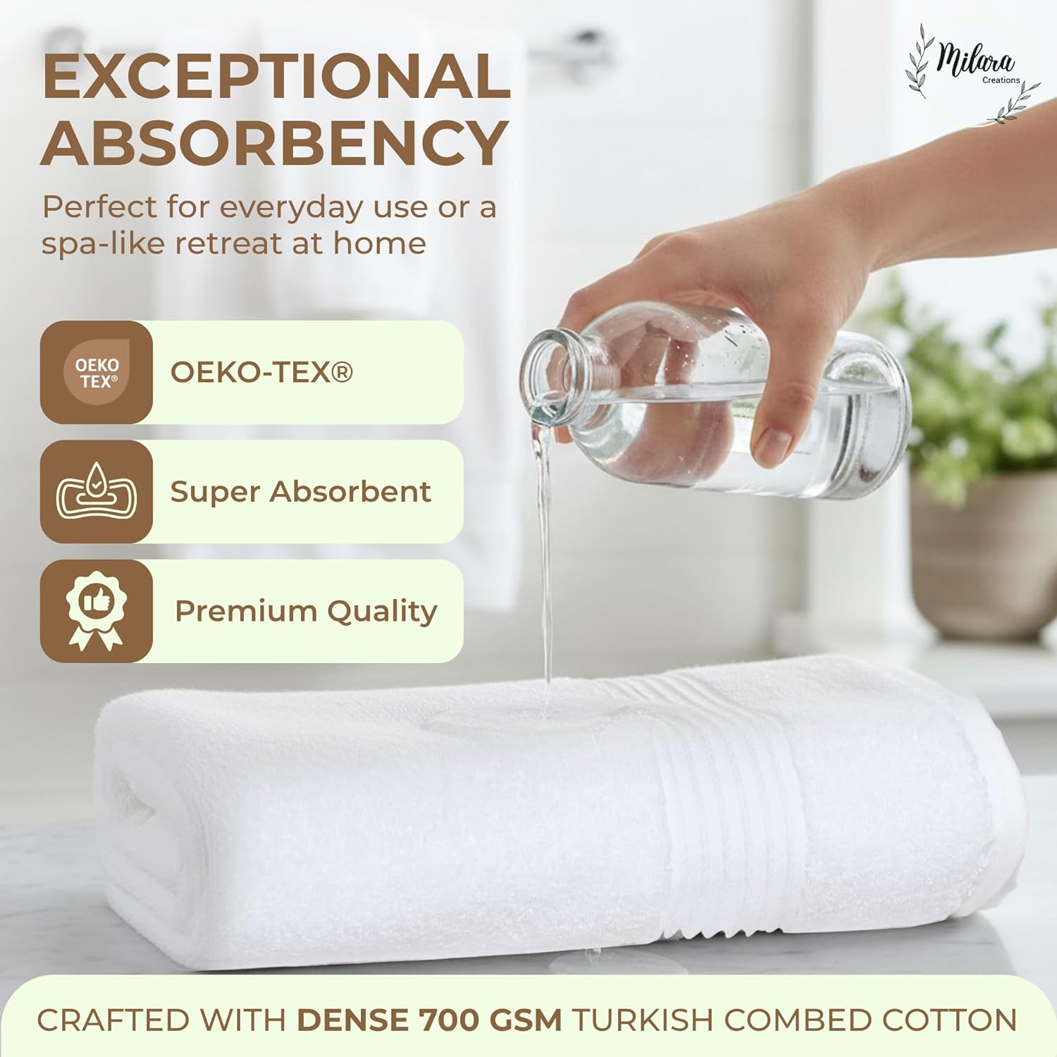 Milara Turkish Cotton Hand Towels 2-Pack, White, 700 GSM, 16x30 in | Soft, absorbent Turkish combed cotton with reduced