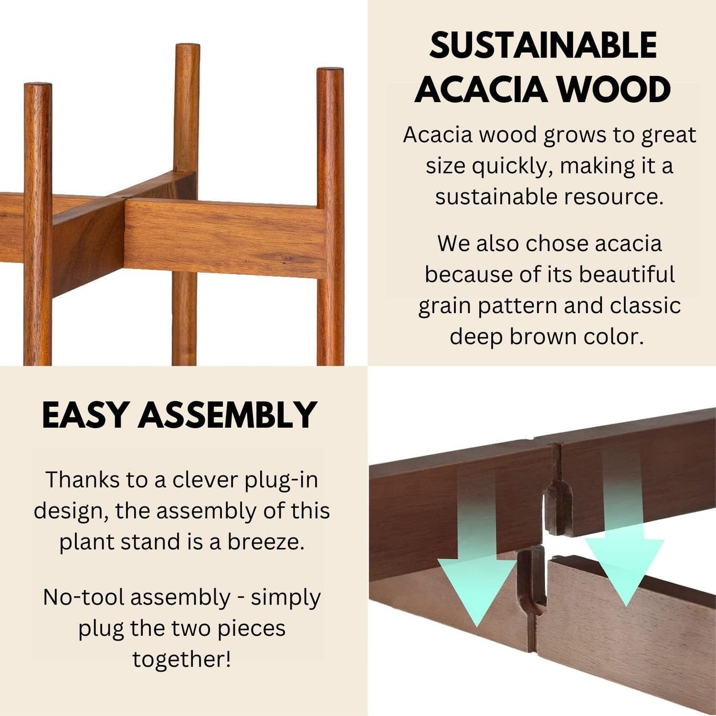 Fox & Fern Mid Century Plant Stands for Indoor Planters, Acacia, 11.8 Inch | Plug In Design, Holds 200 lbs, Two High