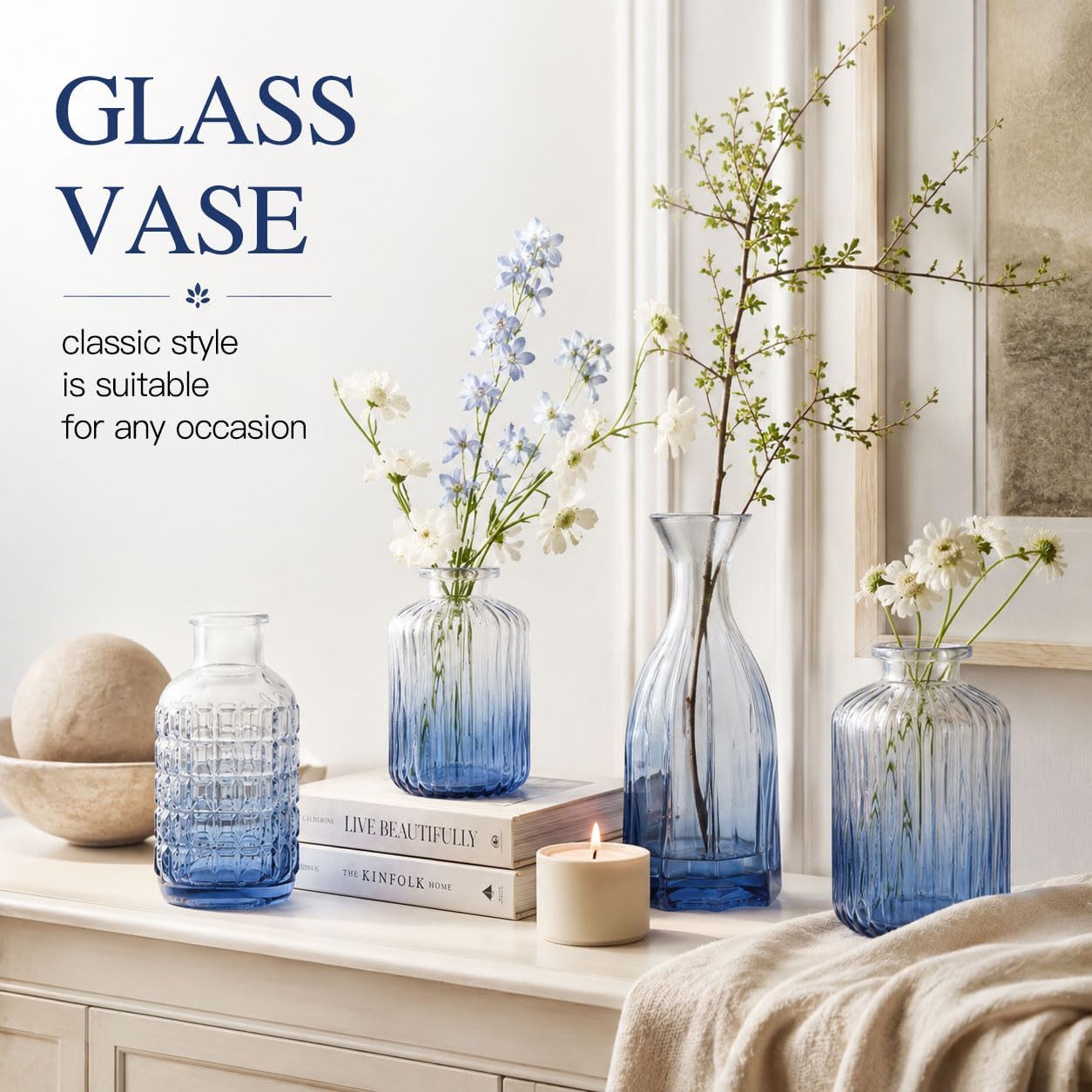 Glass Vase / Petal Petite Small Glass Bud Vase / Blue / Set of 18