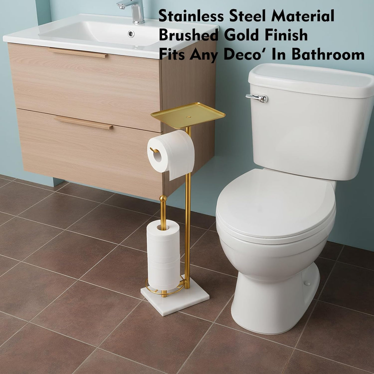 Gold Toilet Paper Holder with Shelf, Free Standing Toilet Paper Holder with Storage - Toilet Paper Stand for Holding