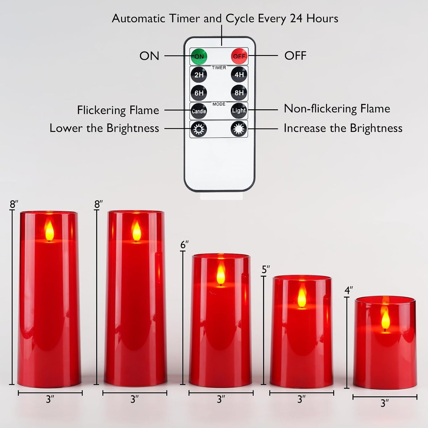 Homemory Christmas Red Flickering Flameless Candles, Battery Operated Acrylic LED Pillar Candles with Remote Control
