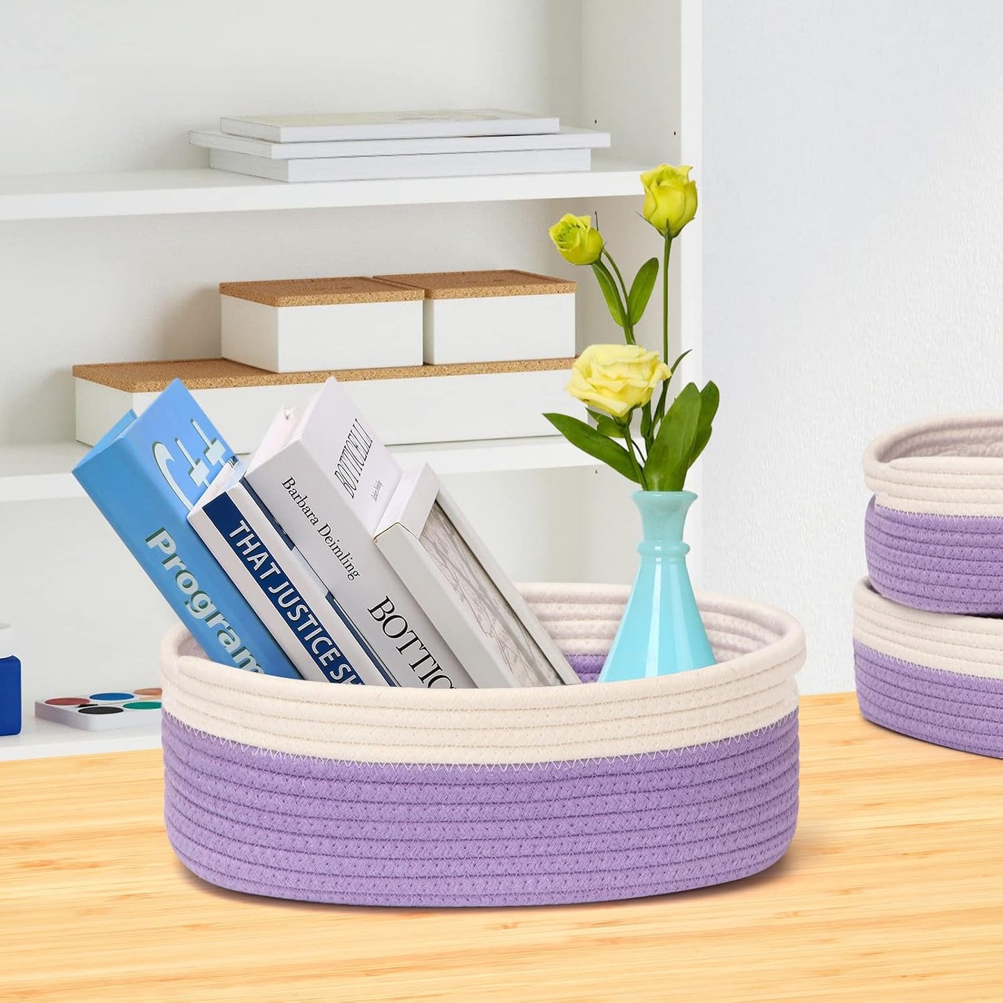 7 Piece Cotton Rope Woven Basket Set / OFF WHITE & PURPLE