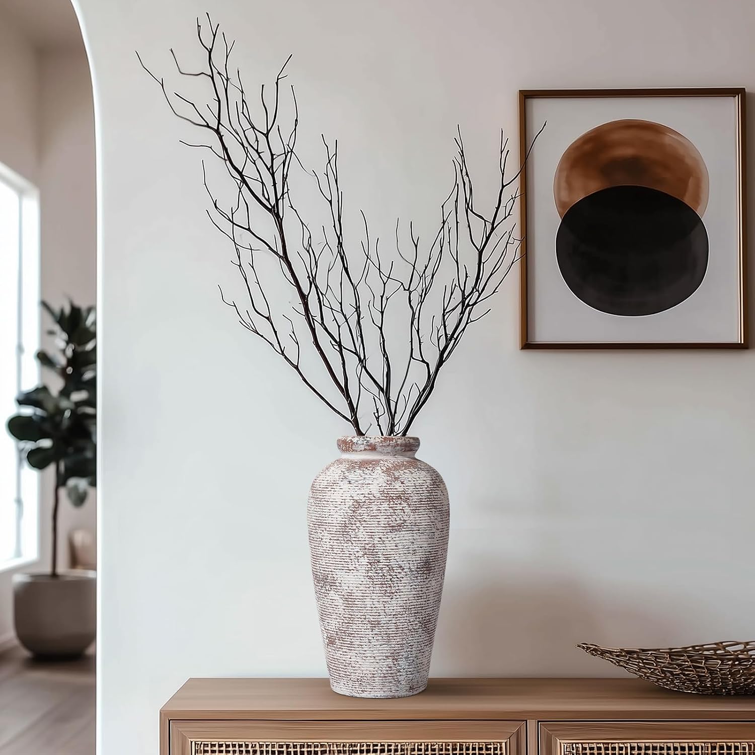 Rustic Farmhouse Vase / 11 Inch / Brown and White