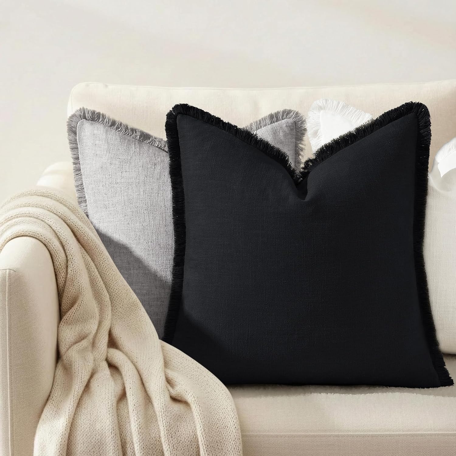 Summer Decorative Neutral Linen Fringe Throw Pillow Covers Pillow / Black / 18 x 18 / Set of 2