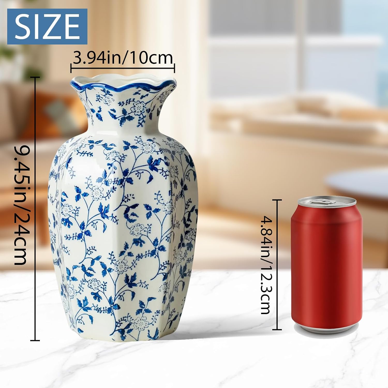 White Ceramic Vase / Vase-u02 / 9.5 INCH / Blue