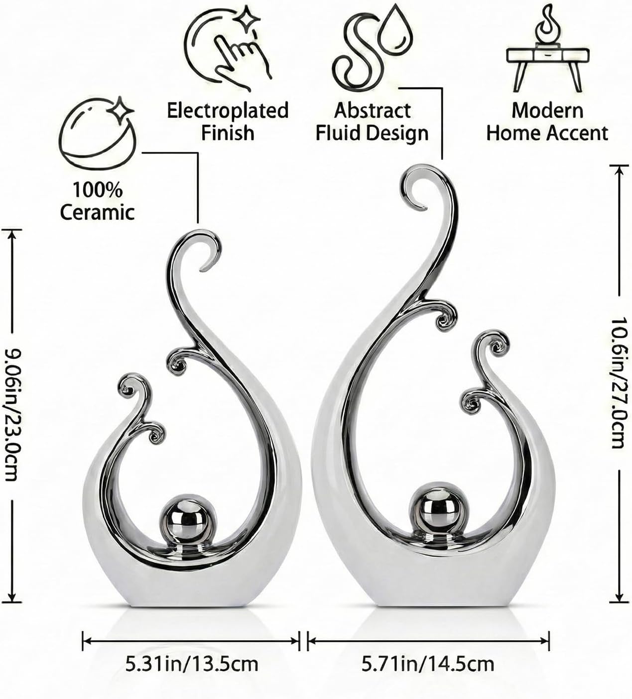 Glossy White and Silver Decor Ceramic Statue / White Silver / Small