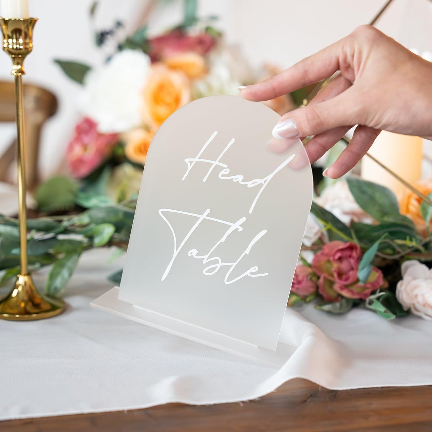 Frosted Arch Acrylic Table Numbers for Wedding Reception - 5" x 7" White Font Centerpiece Set with Holder Stands & Head