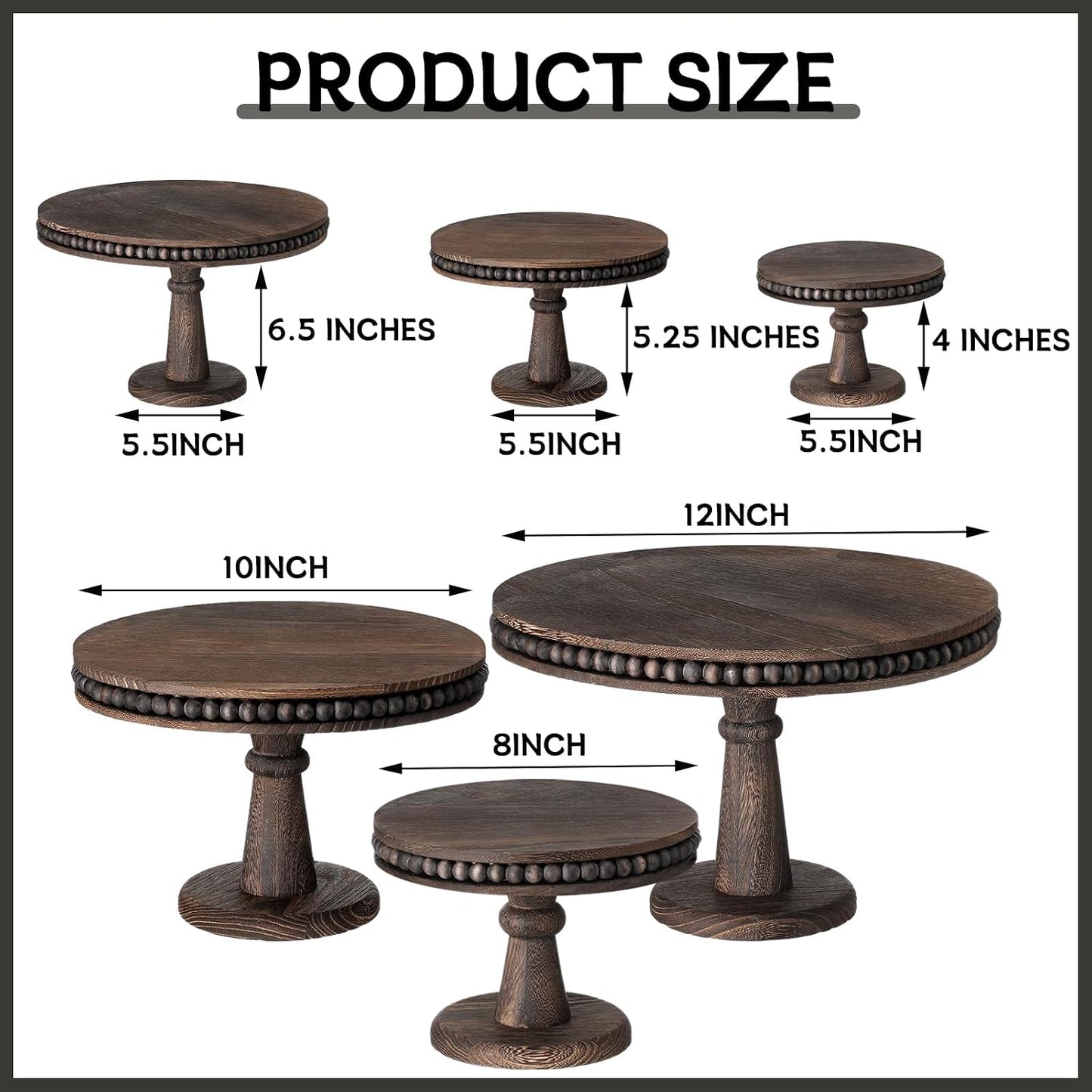 Round Wood Cake Stand Set Beaded Wooden Rustic Farmhouse Cupcake Pedestal Stand / 12 Inch / Set of 3