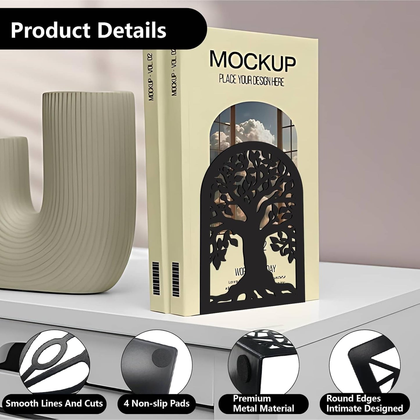 1 Pair Metal Bookends Heavy Duty Study Non-Skid Creative Decorative Small / Tree of Life / Black