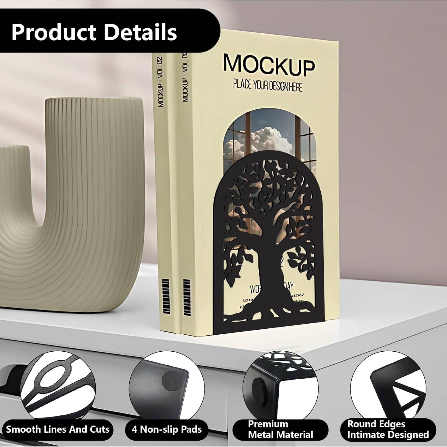 1 Pair Metal Bookends Heavy Duty Study Non-Skid Creative Decorative Small / Tree of Life / Black
