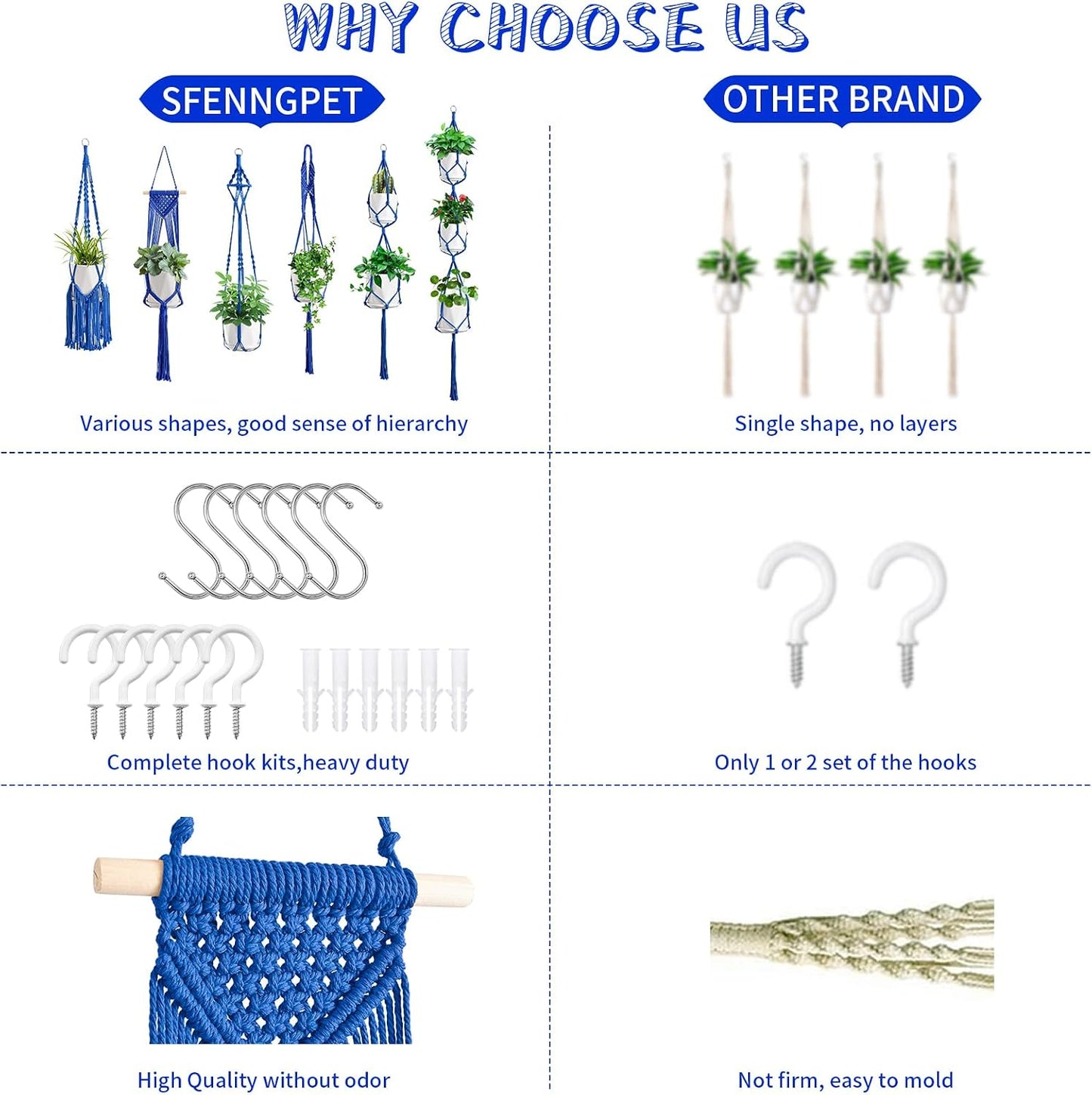 Macrame Plant Hangers / Navy Blue / Set of 6