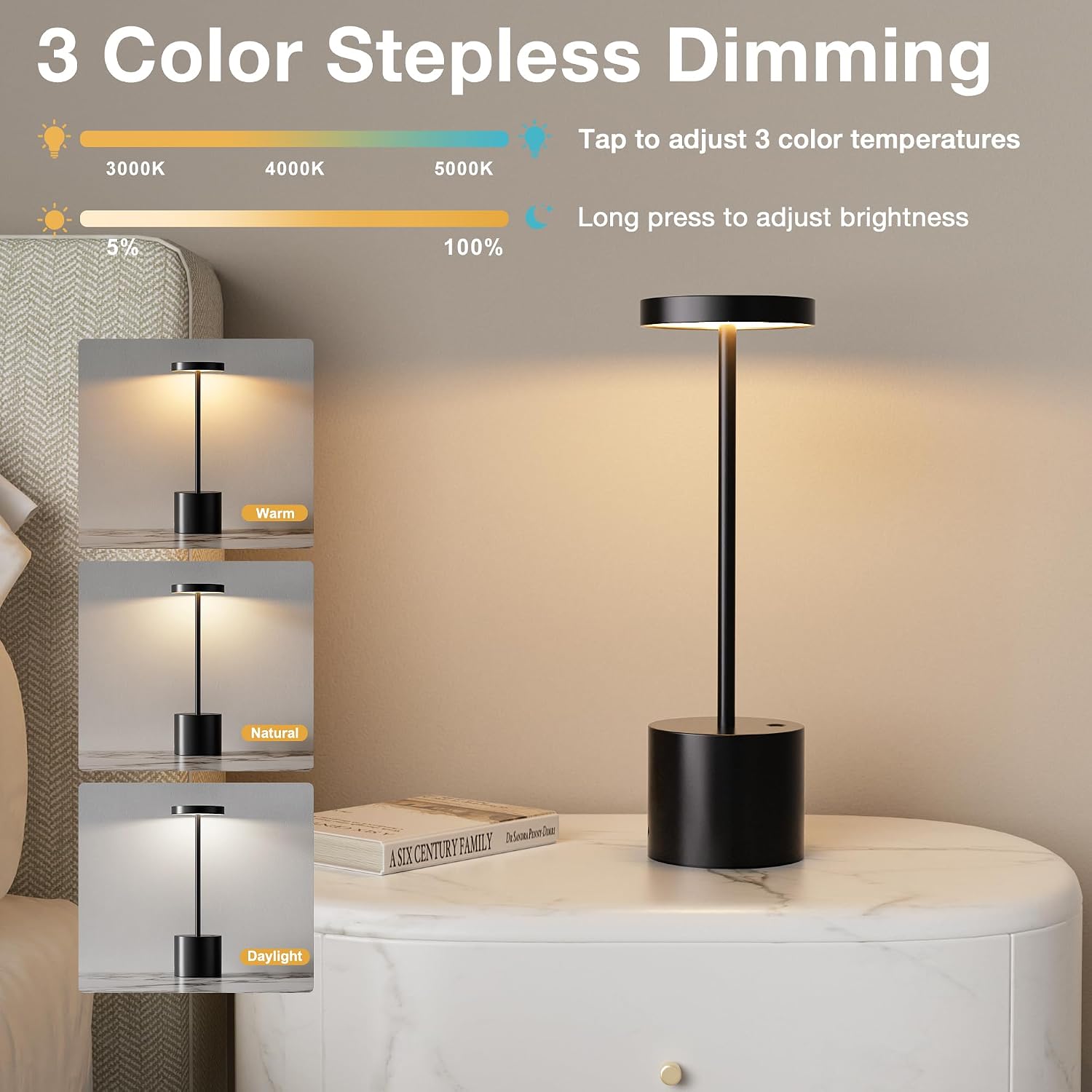 Cordless Rechargeable Table Lamp, 4000mAh Battery Operated, Black, 2 Pack | Wireless LED Lamp, 3 Color Modes, Stepless