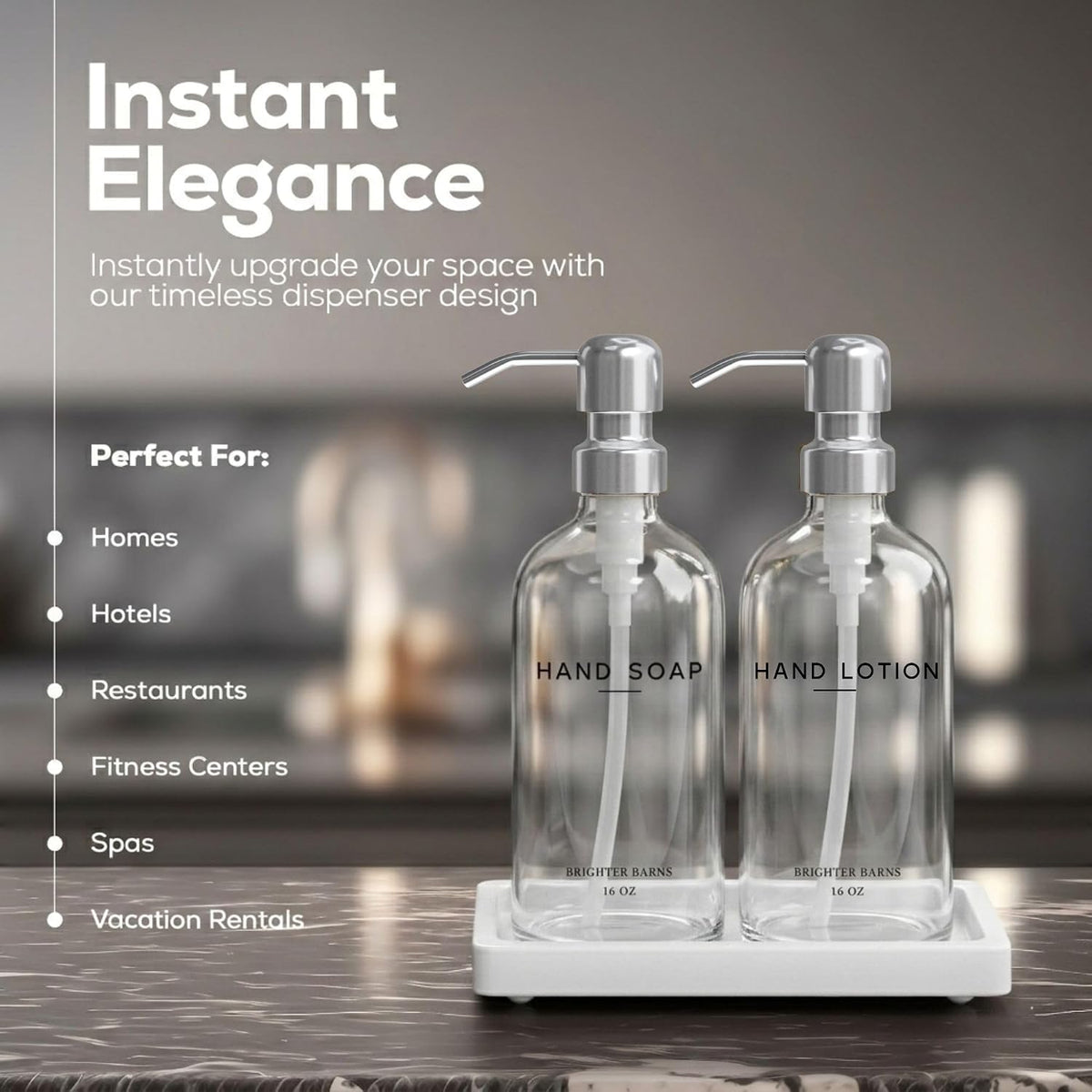 Glass Soap and Lotion Dispenser Set with Tray Set by Brighter Barns - Soap Dispenser Set with Stainless Steel Pump