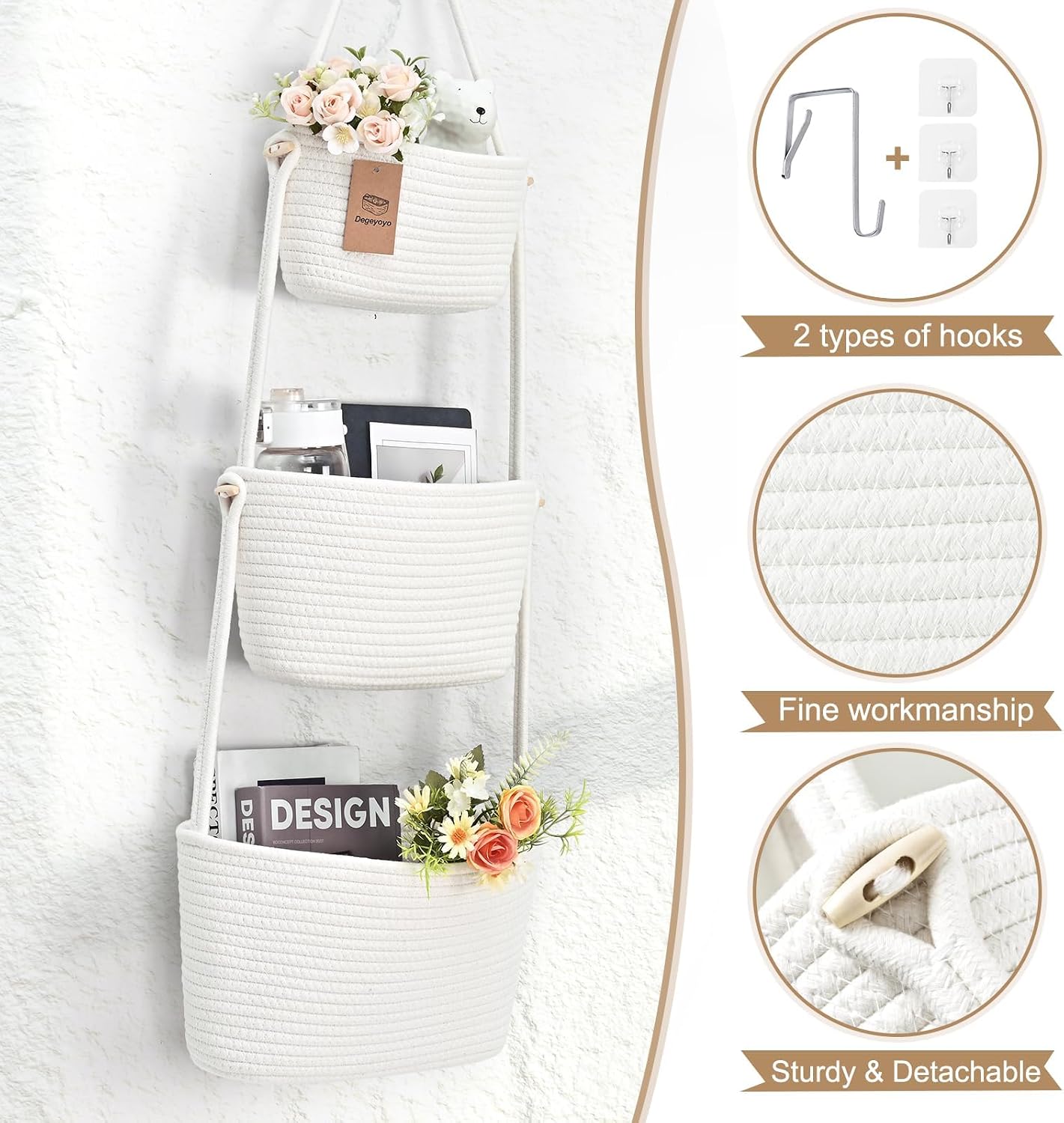 3-Tier Woven Wall Basket / Classic / Pure White