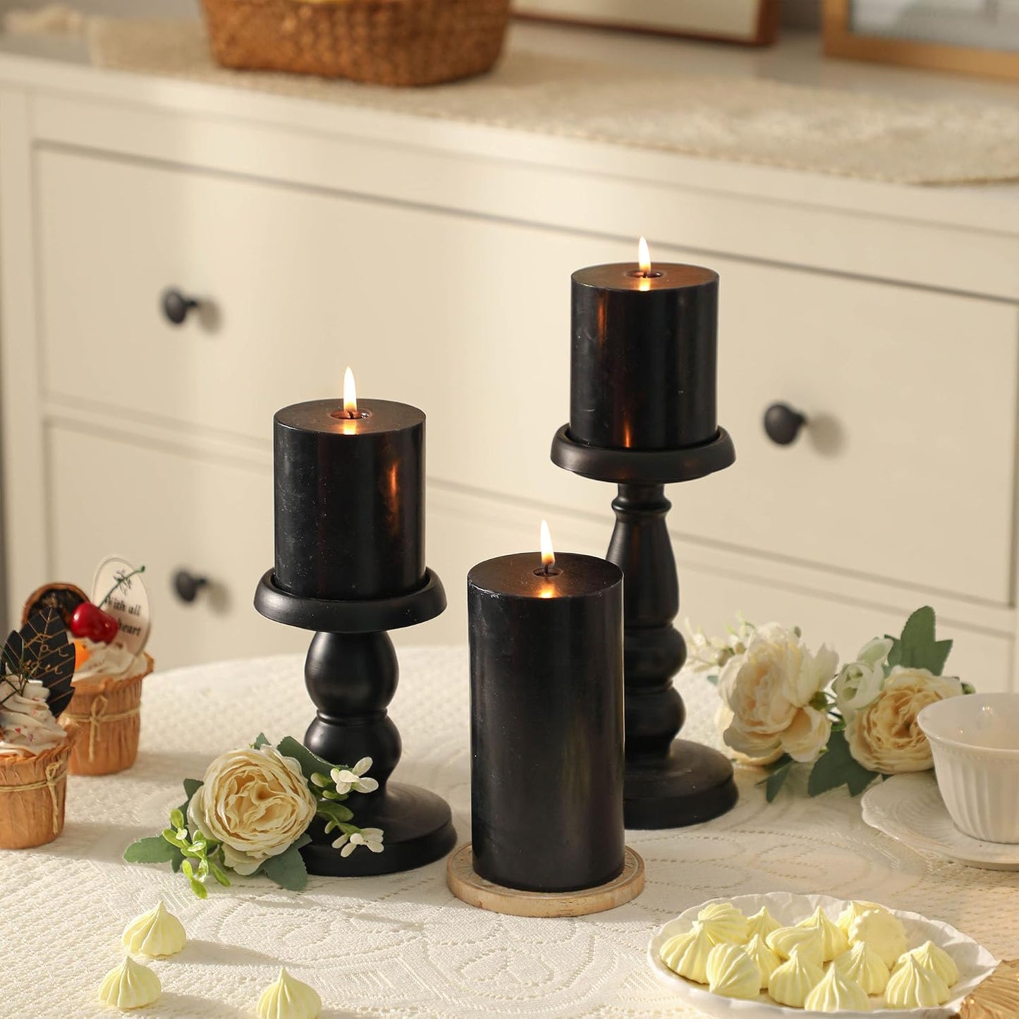 3x4 Inch Black Pillar Candles Set of 3 - Decorative Unscented Pillar Candles, Long Burning Dripless Candle for Home