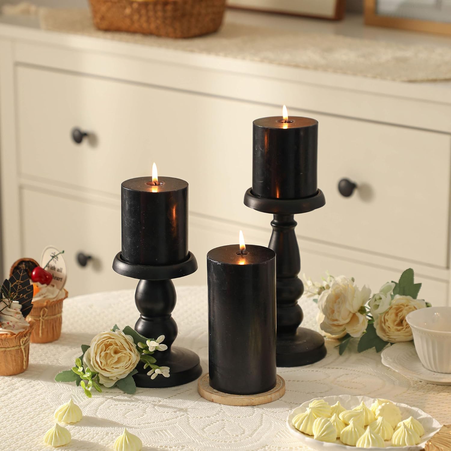 3x4 Inch Black Pillar Candles Set of 3 - Decorative Unscented Pillar Candles, Long Burning Dripless Candle for Home