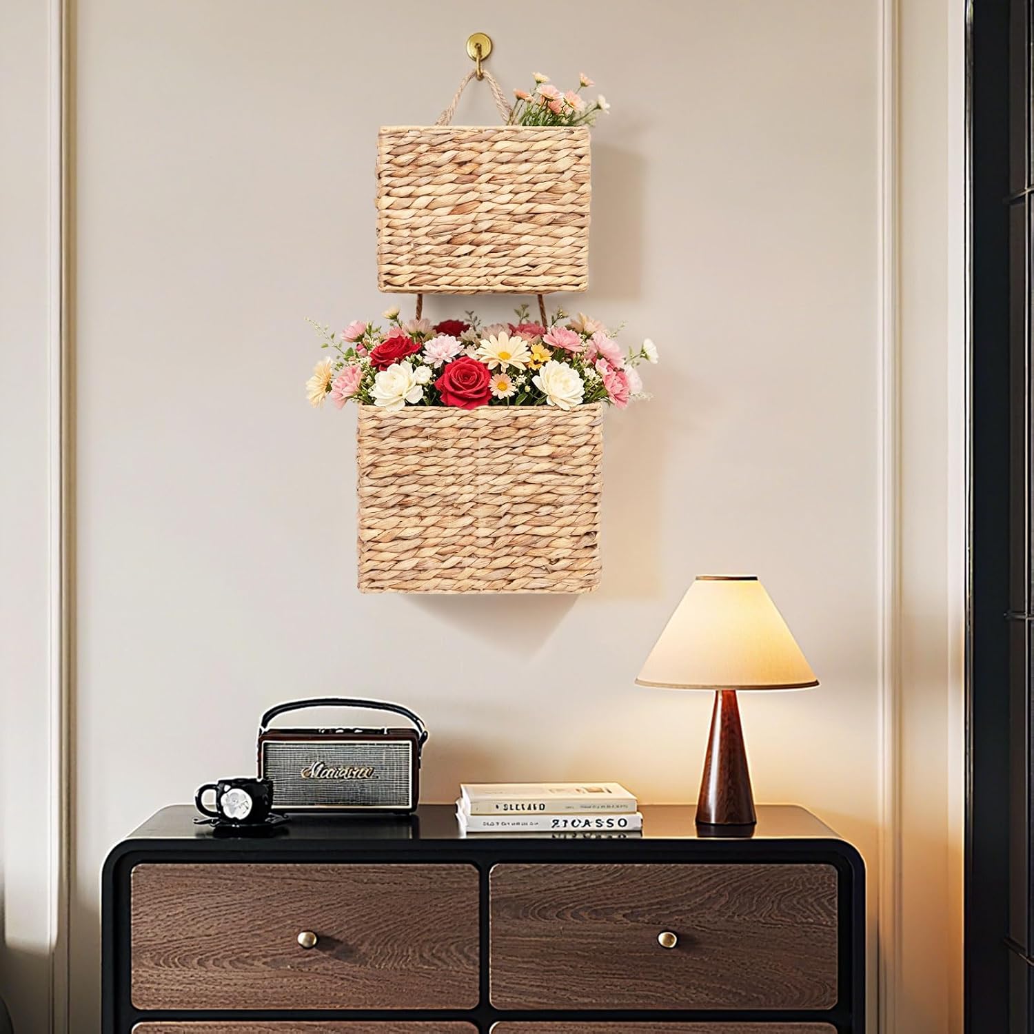 Woven Water Hyacinth Hanging Basket 2-Tiered Storage Baskets Over the Door Organizer / Rectangular
