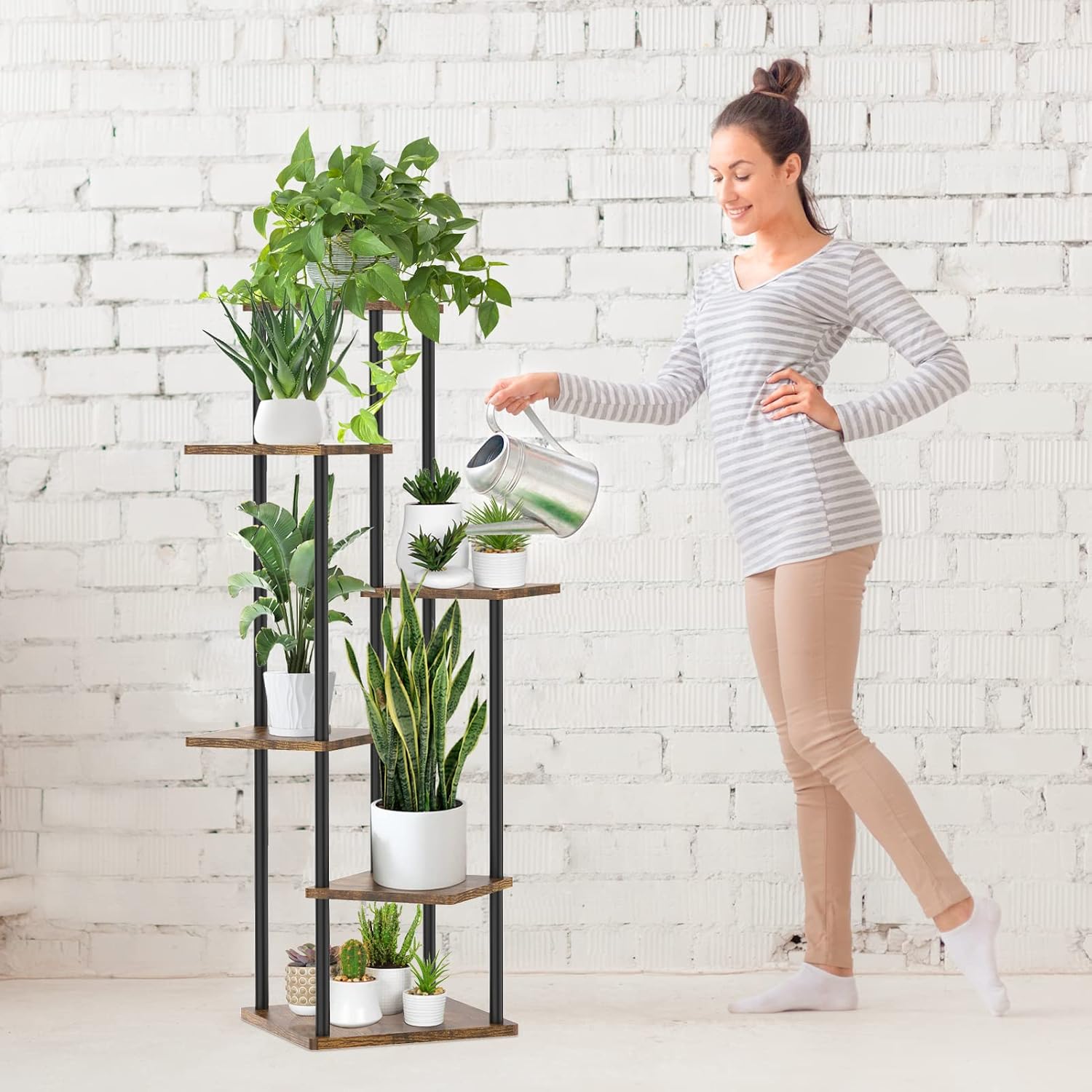 Oppro Plant Stand Indoor Outdoor, 6 Tier Corner Tall Metal Wood Shelf | Muti-Level Planter Holder, Sturdy Large