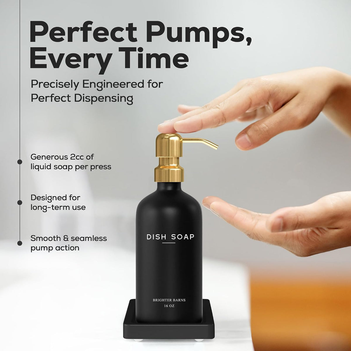 Luxury Glass Hand and Dish Soap Dispenser Set by Brighter Barns - Black and Gold Soap Dispenser Set for Kitchen Sink