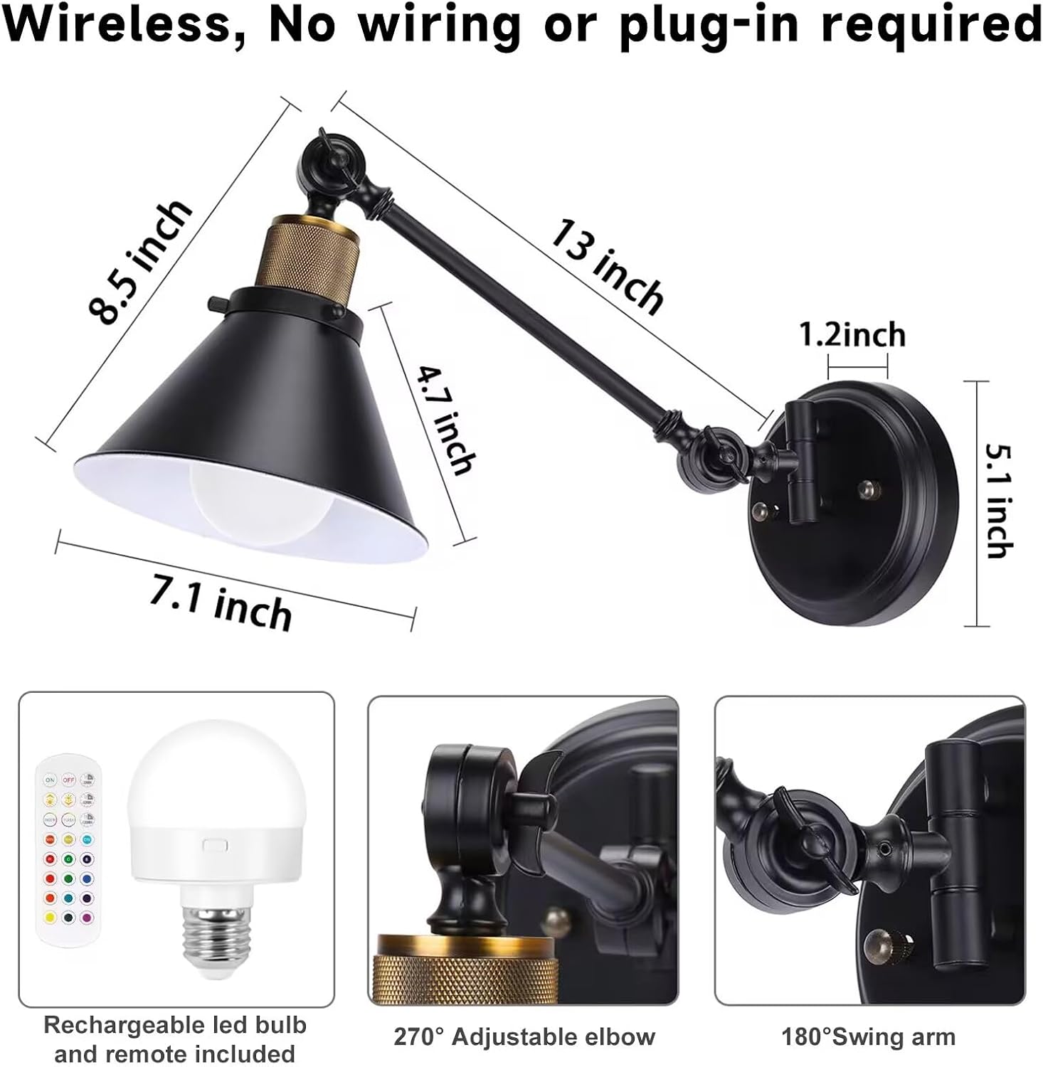 TRLIFE Rechargeable Battery Operated Wall Sconce, Dimmable and Adjustable Color Temperature Wireless Wall Sconces Set