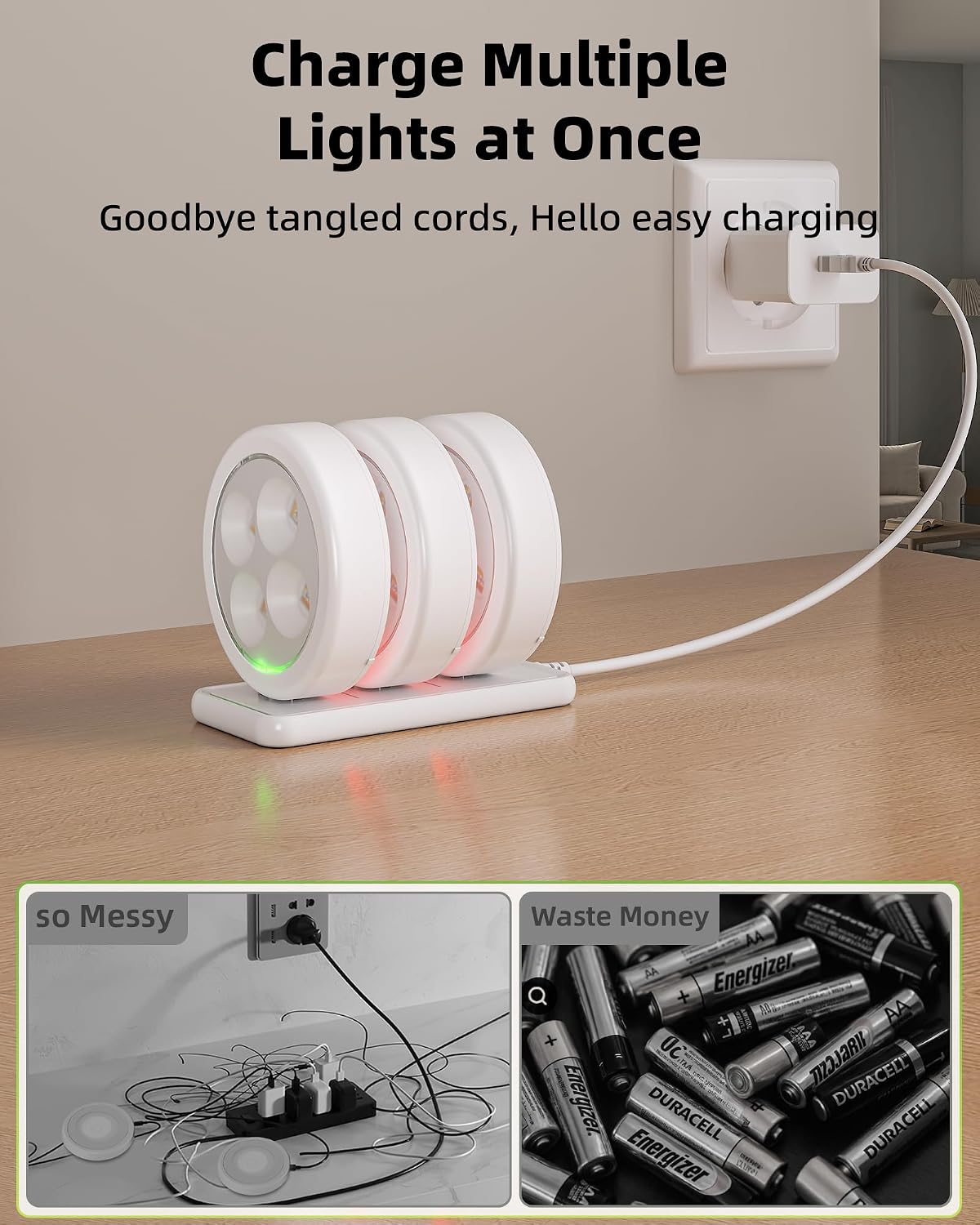 EZVALO LED Puck Lights with Charging Station, Rechargeable Stick On Tap Lights, Wireless Closet Light, 3 Color Temps
