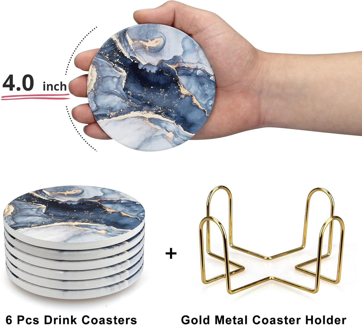 Holder / Marble Abstract Round Ceramic Coasters / Navy Blue / Set of 6
