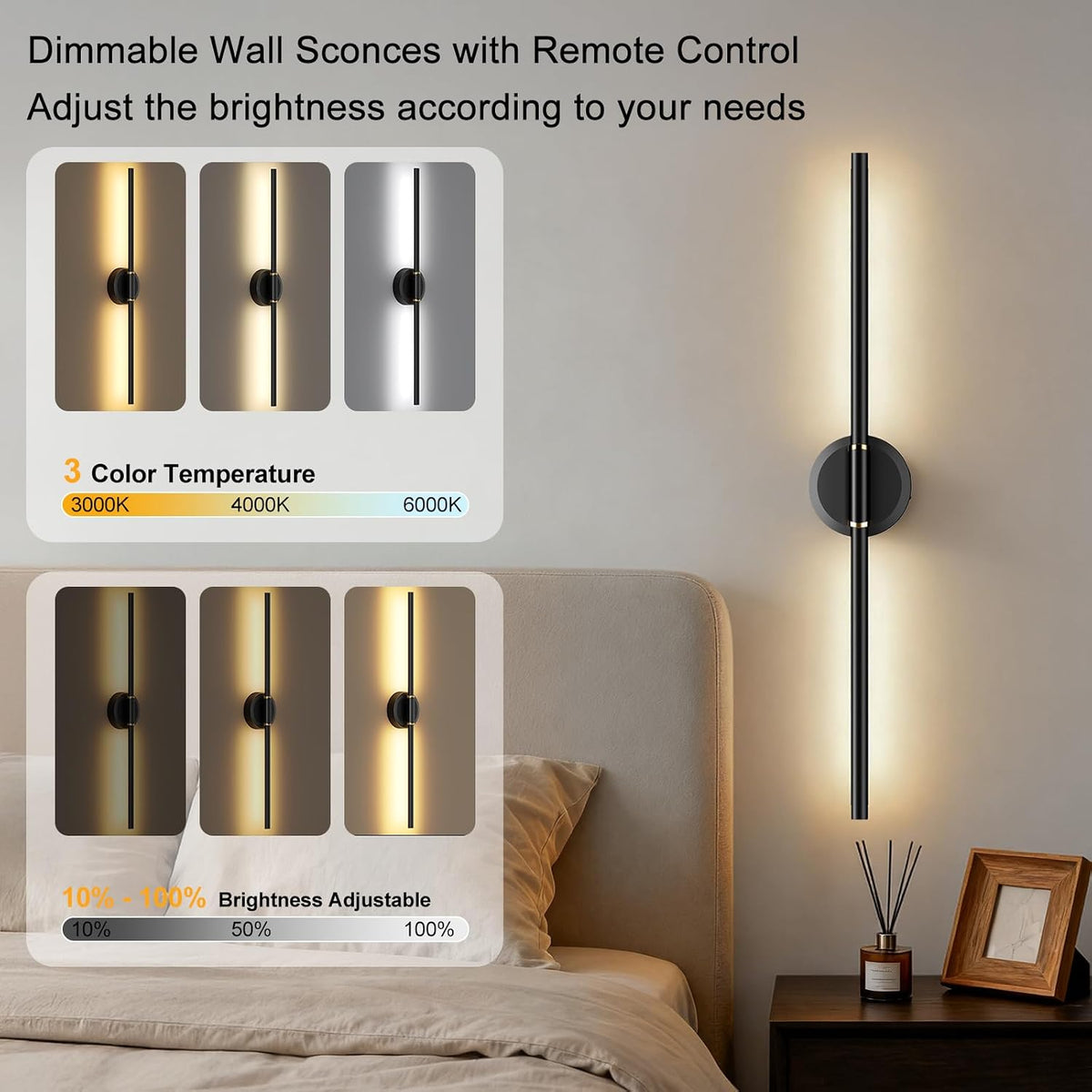 Battery Operated Wall Sconces Set of 2, Dimmable 8000mAh Rechargeable Wall Lights, LED Wall Lamp with Remote Control