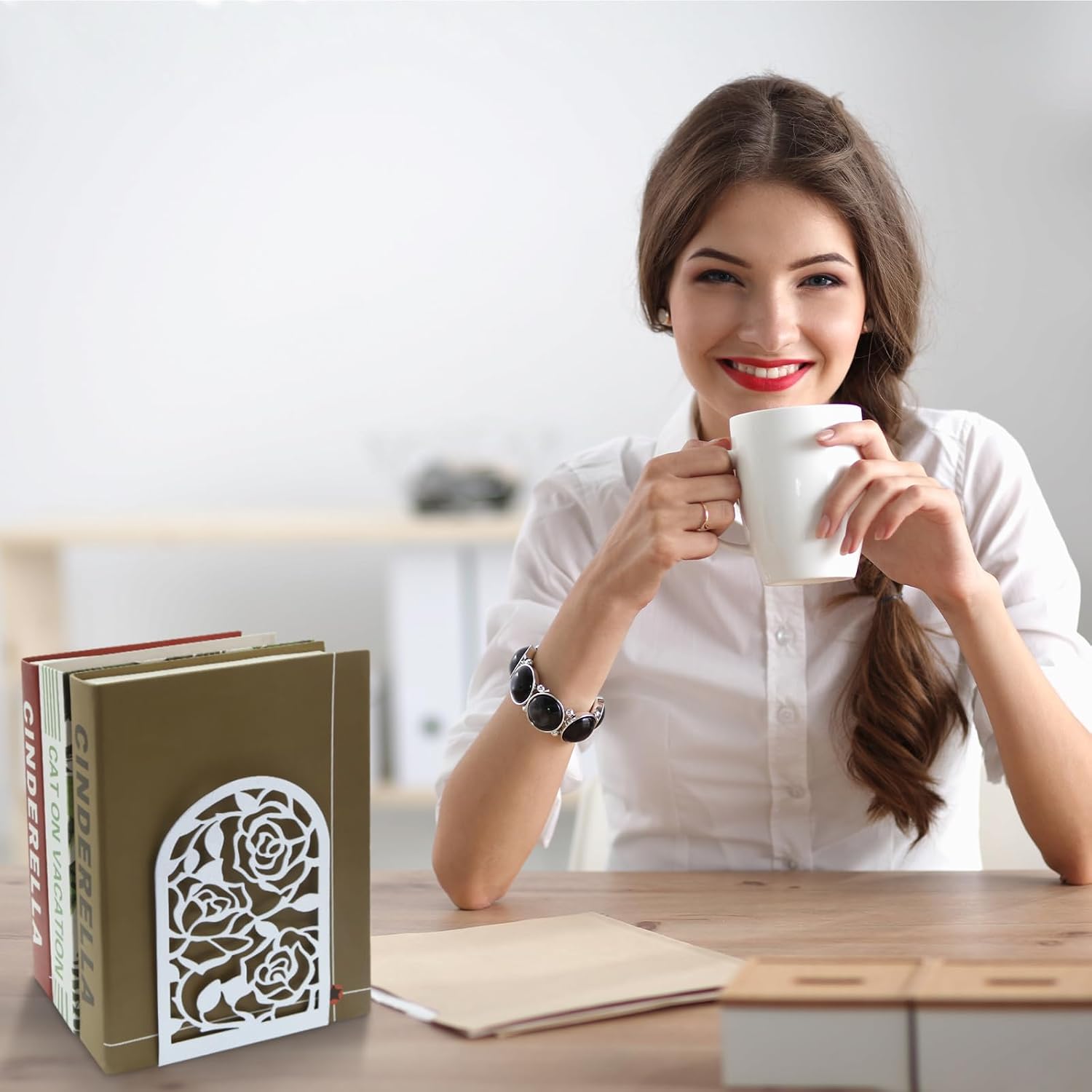 Elegant Rose Bookends Hollow-Out Rose Flower Book Ends Shelves Organizer Metal Book Stands / White