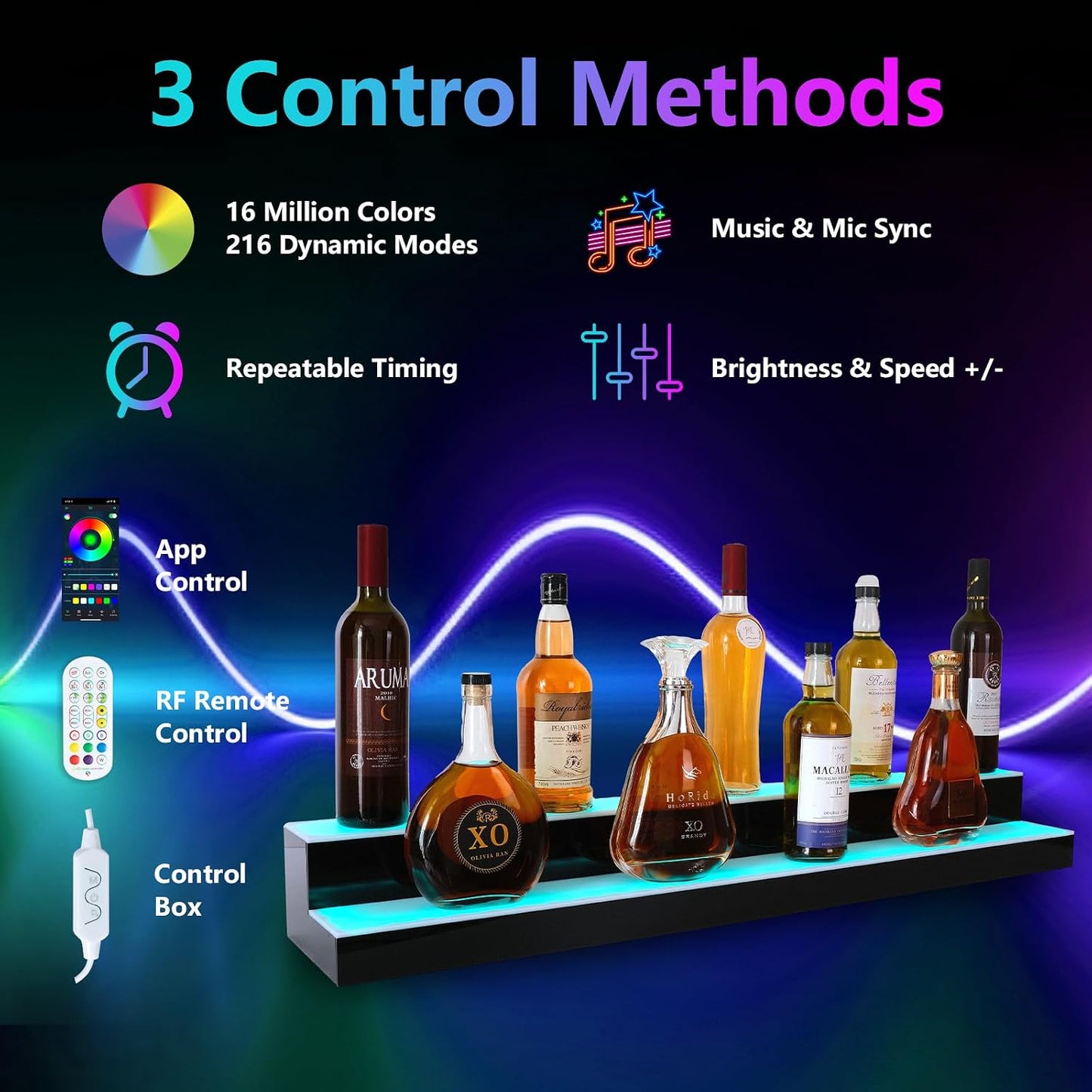 Led Lighted Liquor Bottle Display Shelf, 30 Inch 2 Tier Whiskey Rack, Support USB, Bar Stand with RF Remote & App