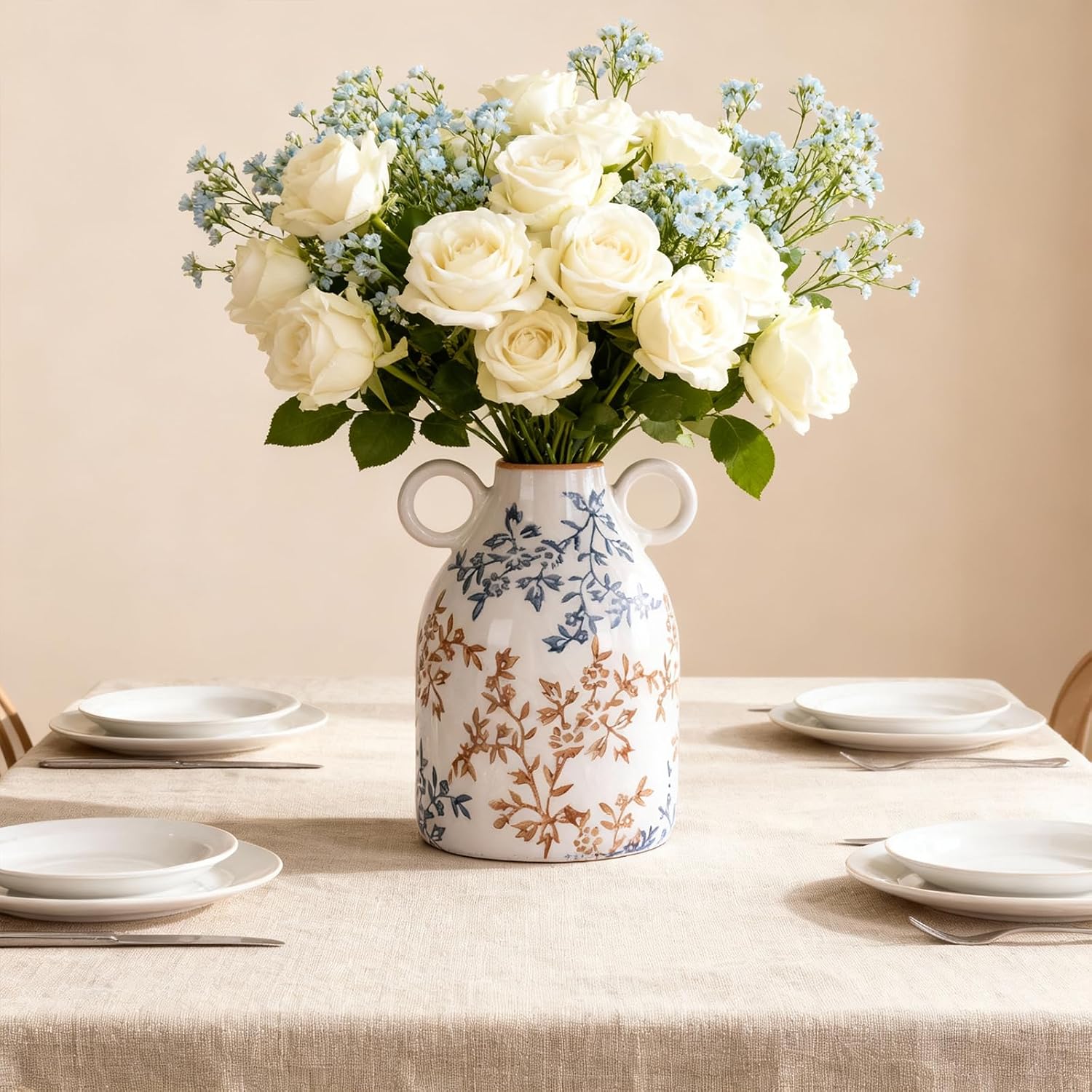 Ceramic Vase / Nordic Boho Small Vases Side Table Flower Centerpiece / Blue Floral