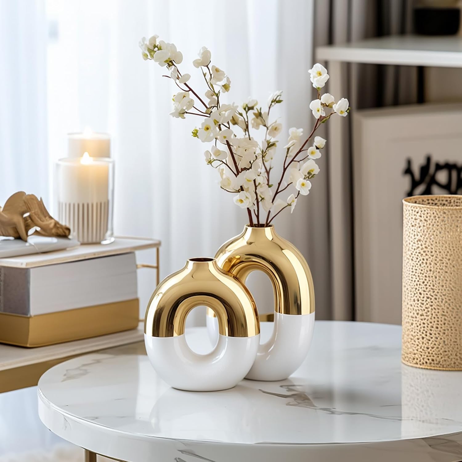 White and Gold Ceramic Vase Set Home Decor / White Gold