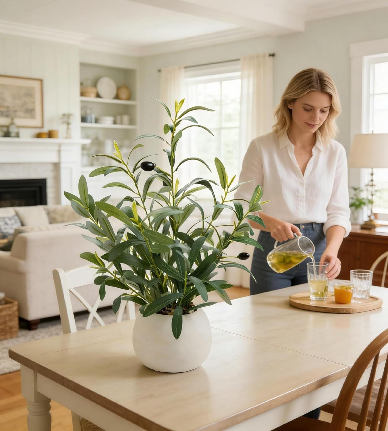 17" Artificial Potted Plant / Olive / White
