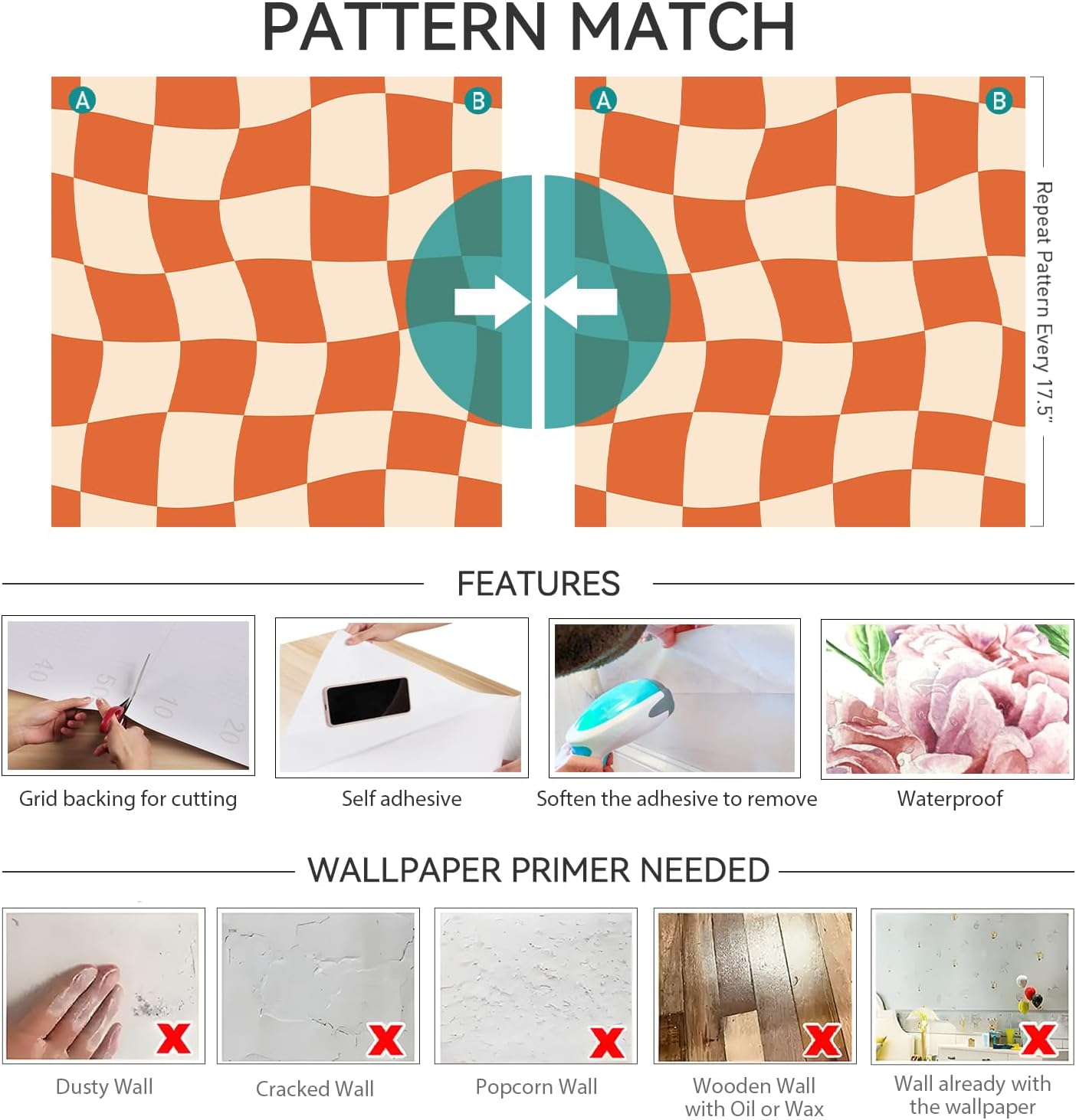 Wallpaper Peel and Stick Burnt Beige Pink Checkered Contact / 17.5 x 80 / Retro Checkered / Orange