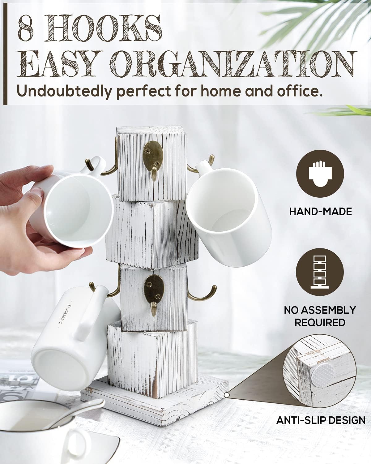 Coffee Mug Holder for Counter, Rustic Solid Wood Mug Tree | Farmhouse Wooden Coffee Cup Rack with 8 Hooks (Farmhouse