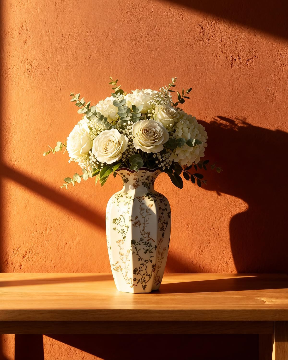 Green Floral Ceramic Vase / Brown and Green / 8.86 Inch