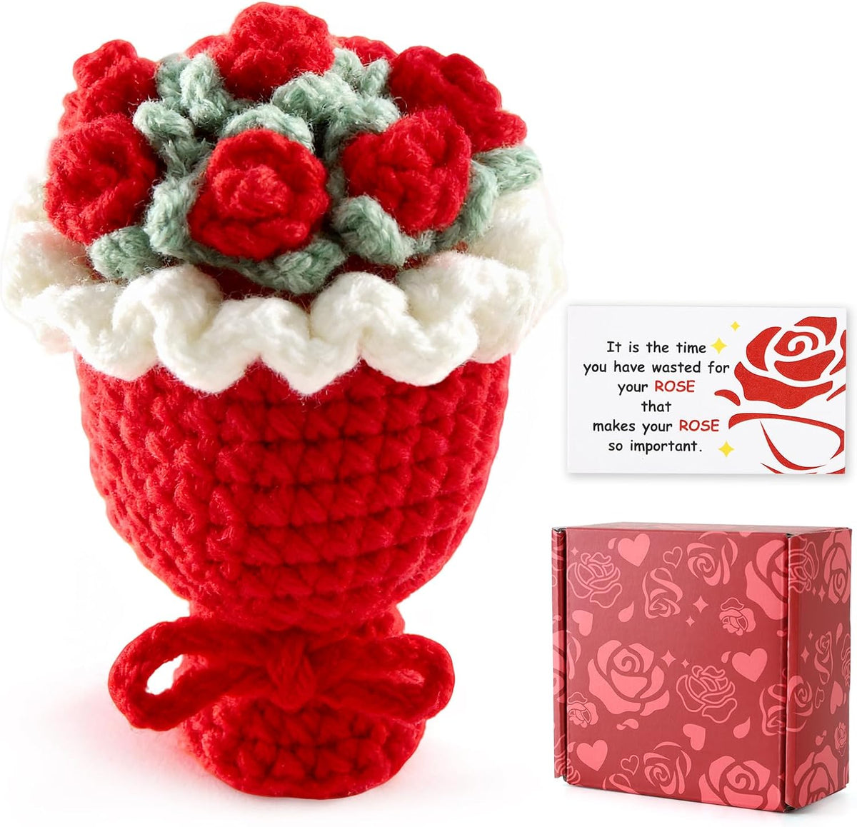 Crochet Rose Bouquet, Romantic Handmade Emotional Support Gifts with Card & Box for Couple Girlfriend Kid Friends Mom, Inspirational Crochet Flower Perfect for Mother's Day Graduation Gifts