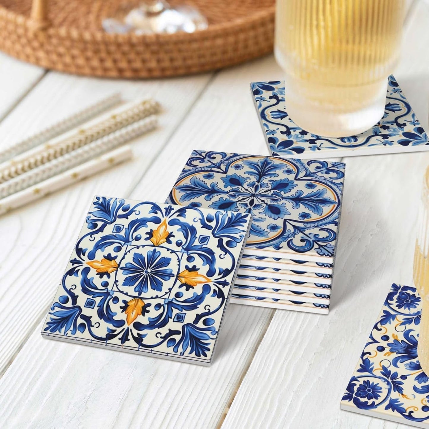 Cork Base and Golden Holder / Azulejo Tile-square-1 / Blue / Set of 6