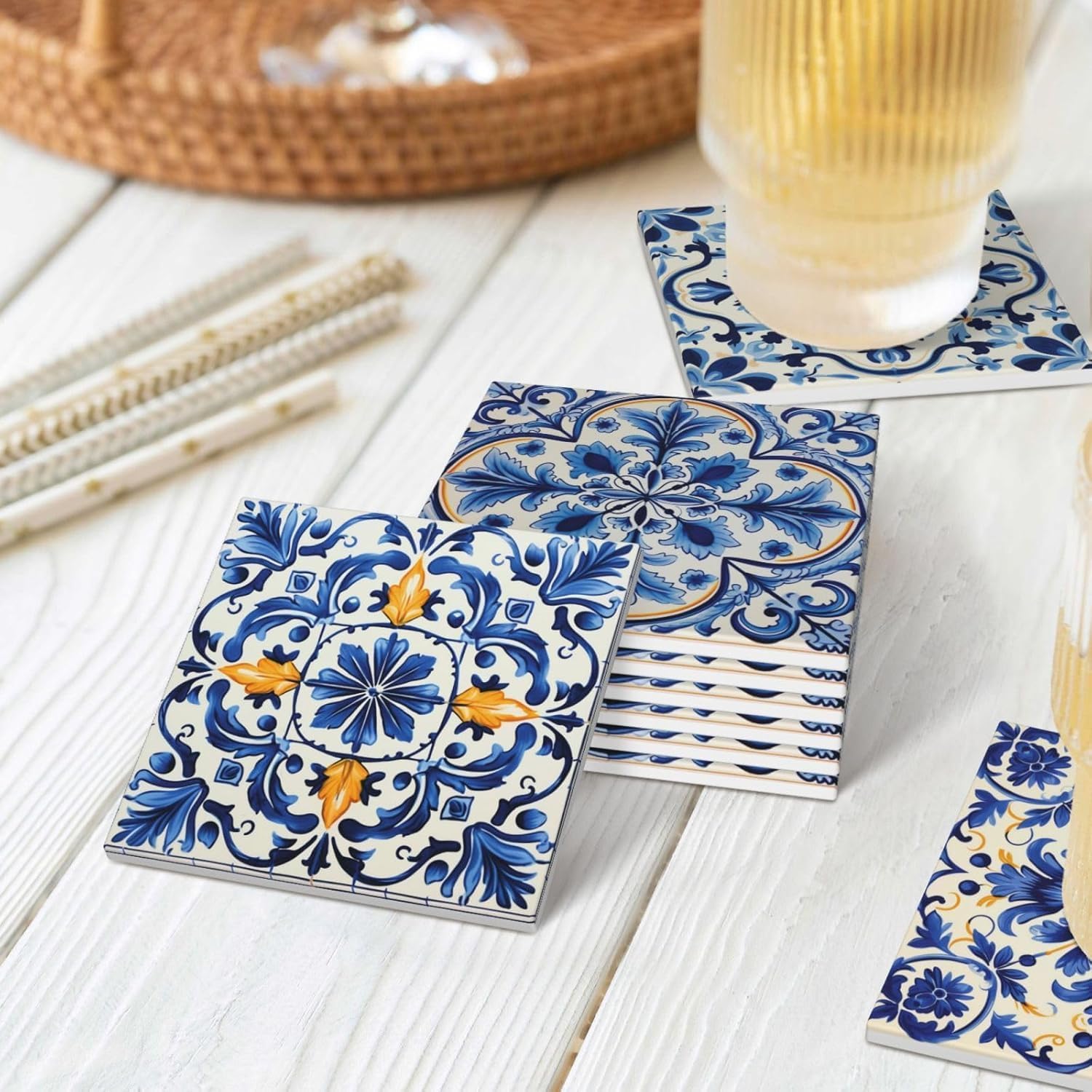 Cork Base and Golden Holder / Azulejo Tile-square-1 / Blue / Set of 6